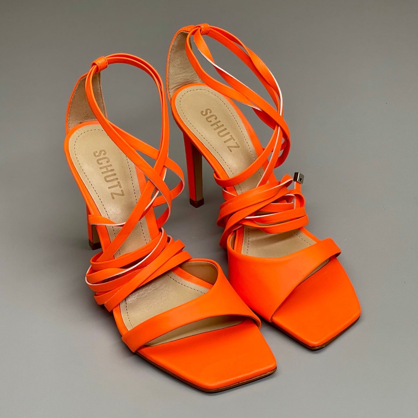 SCHUTZ Bryce Ankle Tie Women's High Heel Leather Strappy Sandal Acid Orange Sz 9 (New)