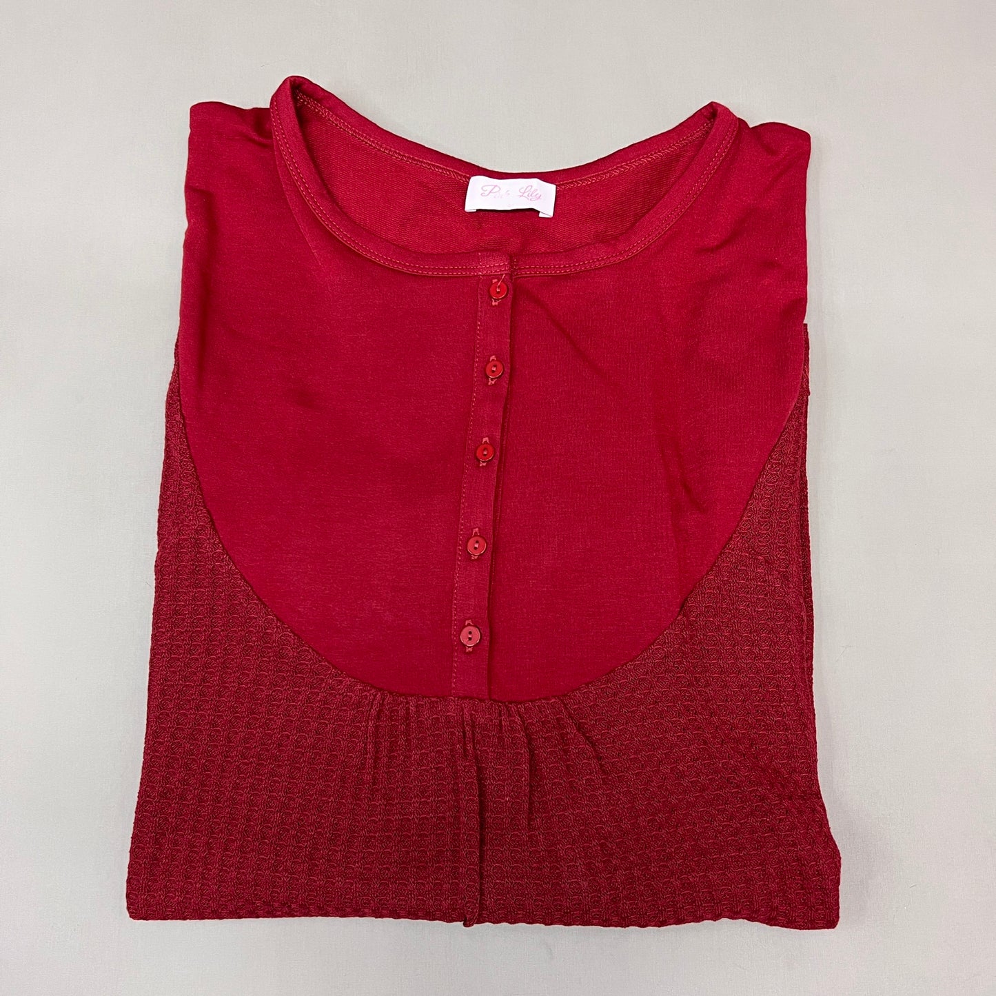 PINK LILY Take the Leap Henley Waffle Knit Blouse Women's Sz L Cranberry PL903 (New)