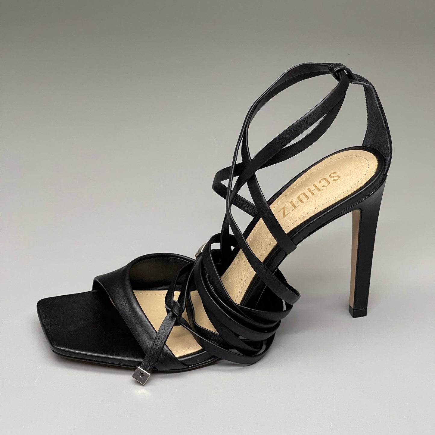 SCHUTZ Bryce Ankle Tie Women's Leather High Heel Strappy Sandal Black Sz 9.5B (New)