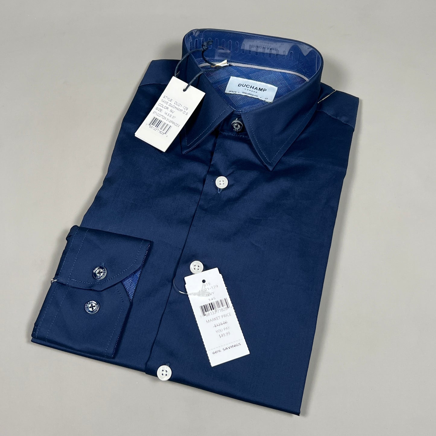 DUCHAMP LONDON Navy Solid Tailored-fit Dress Shirt Men's Sz S / 37 / 14.5 (New)