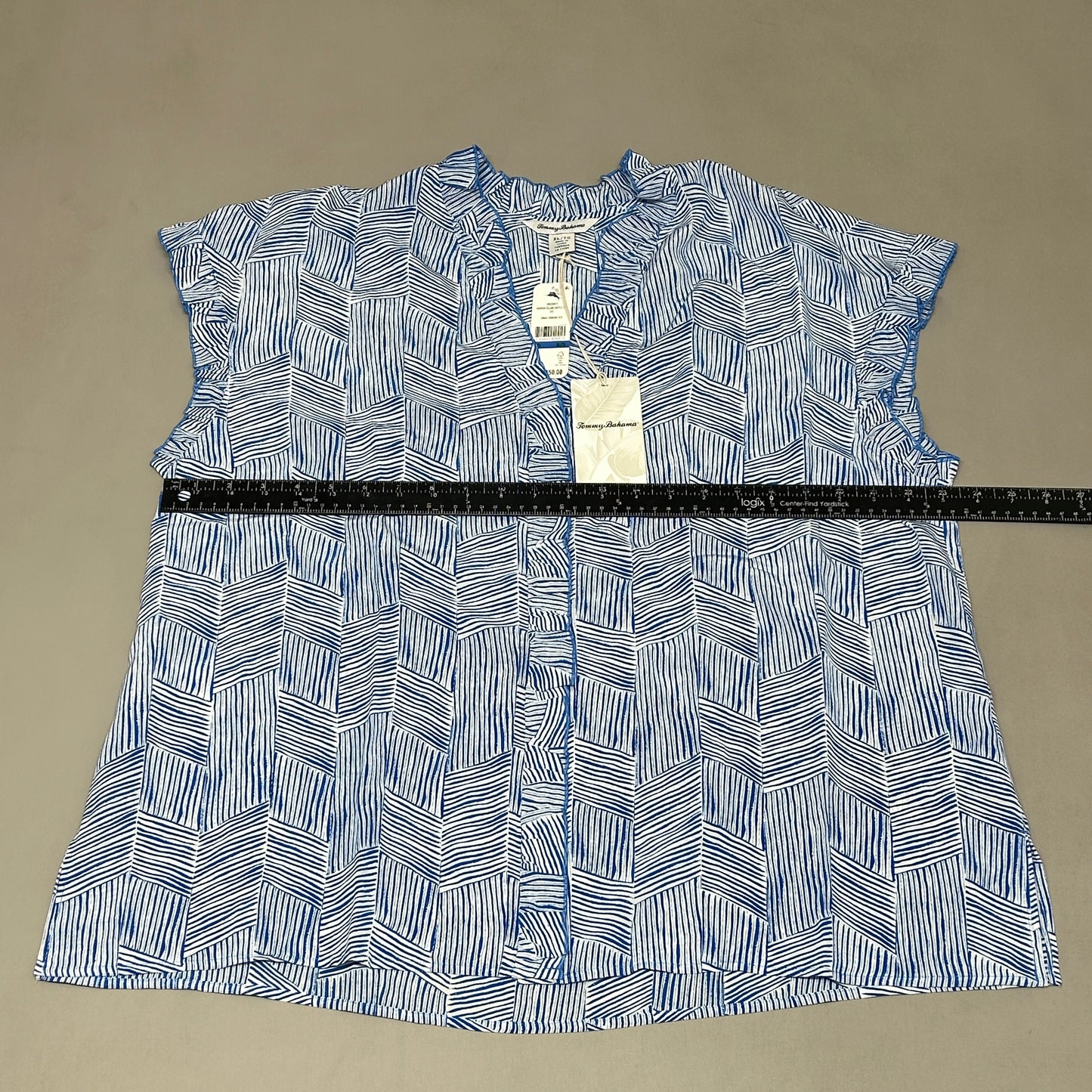 TOMMY BAHAMA Women's Harbor Island Ruffle Top Short Sleeve Silk Blue/White Size XL (New)