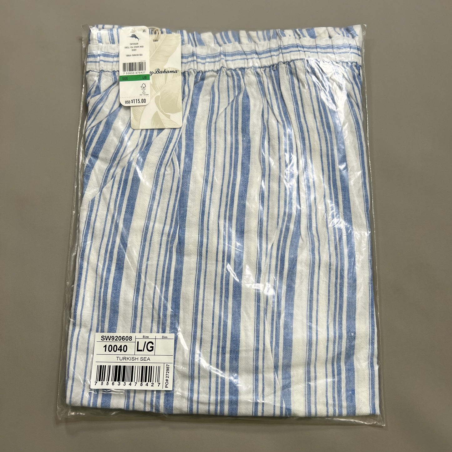 TOMMY BAHAMA Women's Shell Yea Stripe Midi Skirt Turkish Sea Size L (New)