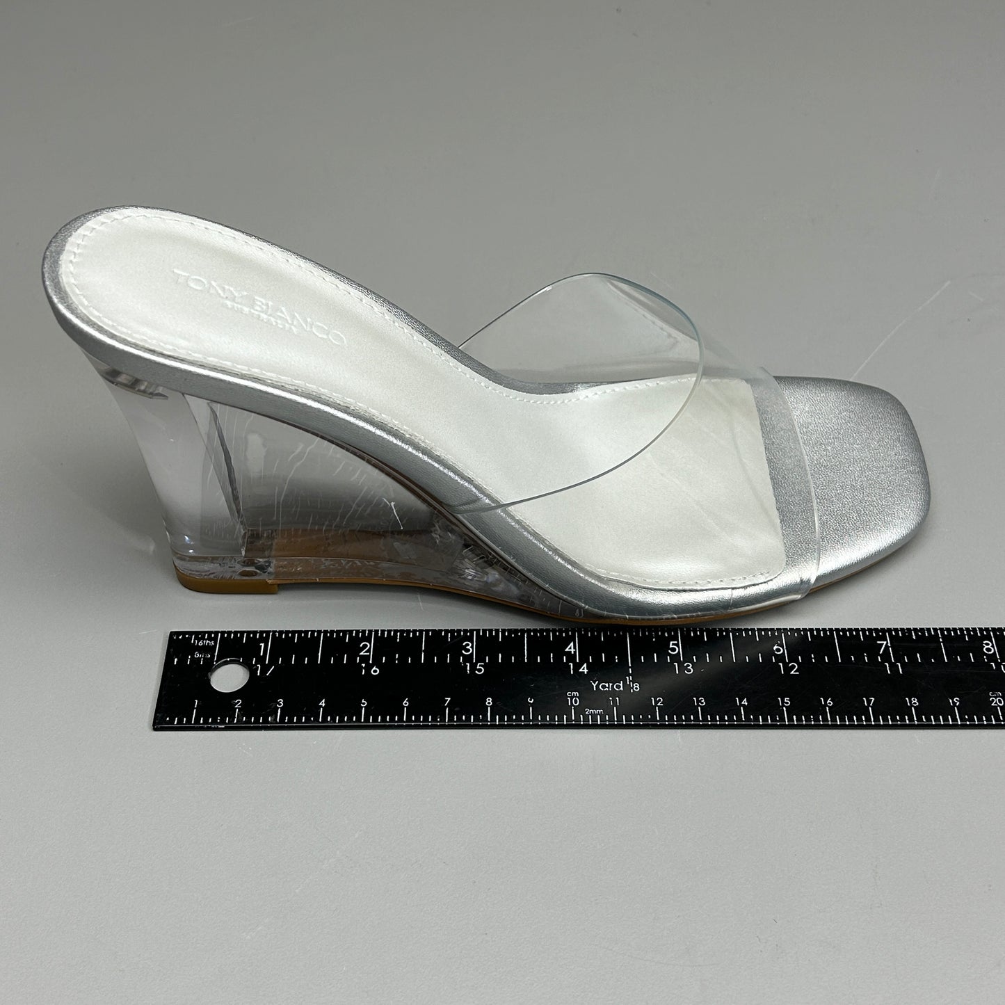 TONY BIANCO Alessi Clear Vinylite/Silver Wedges Women's Heels Sz 6.5 (New)