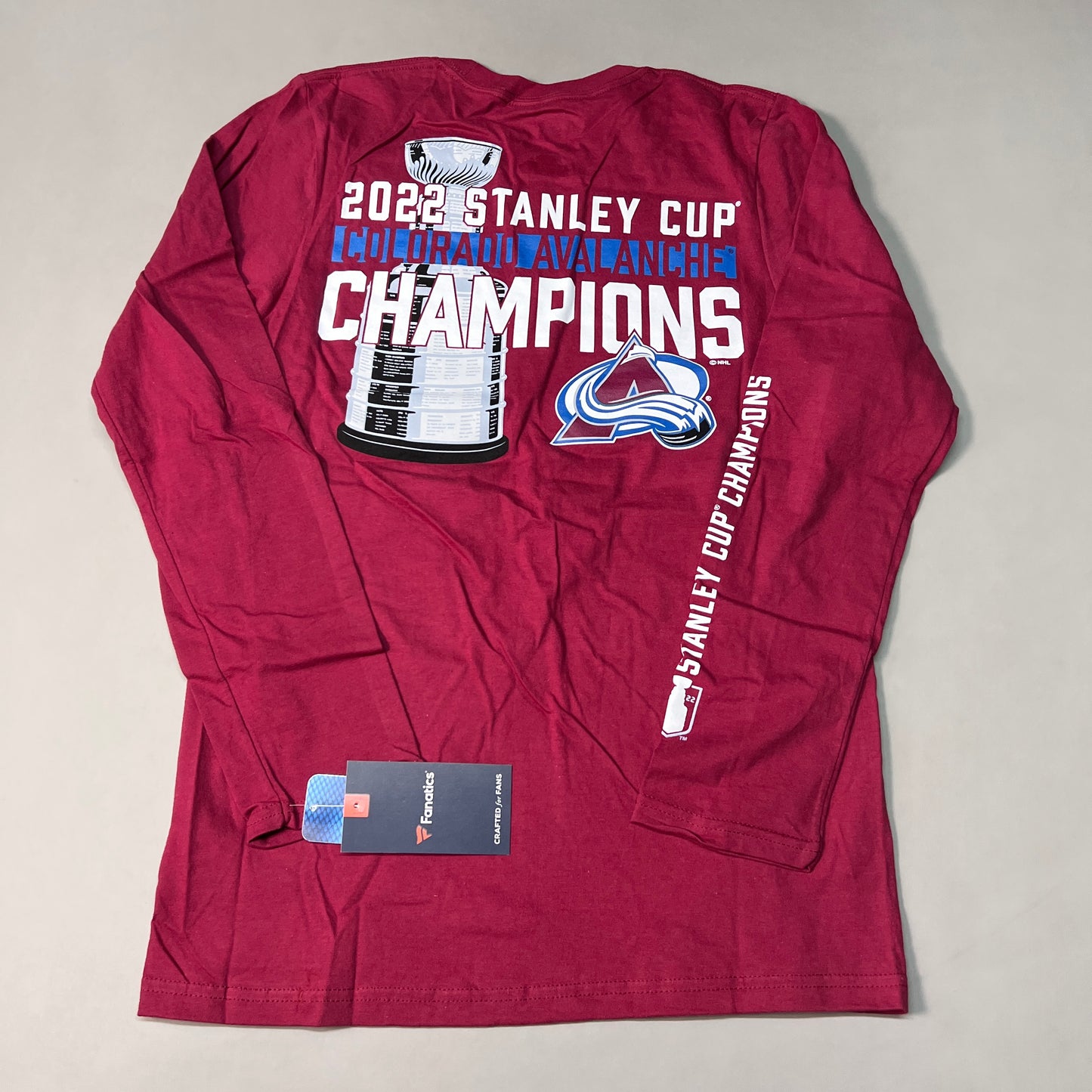 FANATICS 2022 Stanley Cup Champions Colorado Avalanche Long Sleeve T-shirt Sz S Burgundy 058N SC Champs (New)
