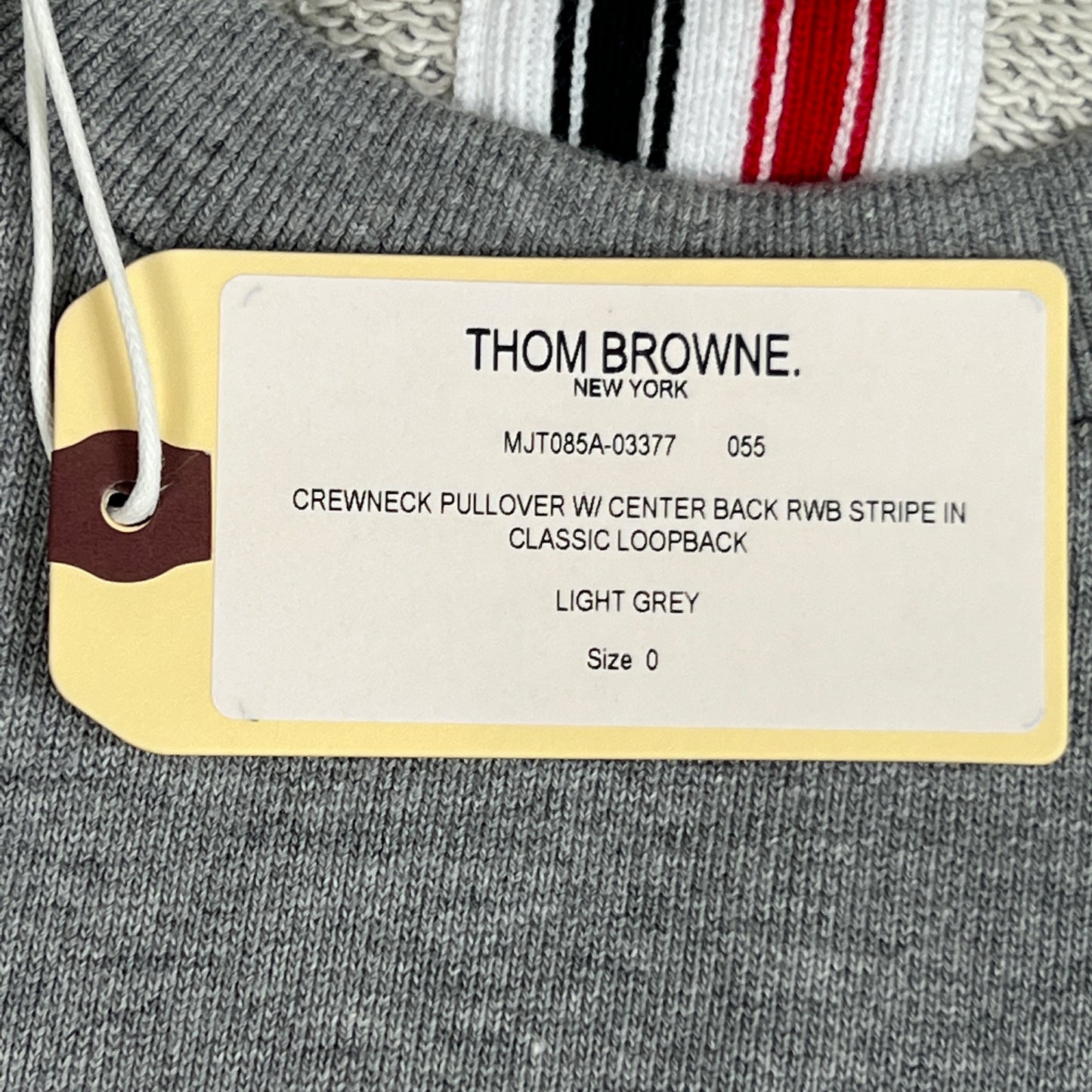 THOM BROWNE Crewneck Pullover w/Center-Back RWB Stripe in Classic Loopback Light Grey Size 0 (New)