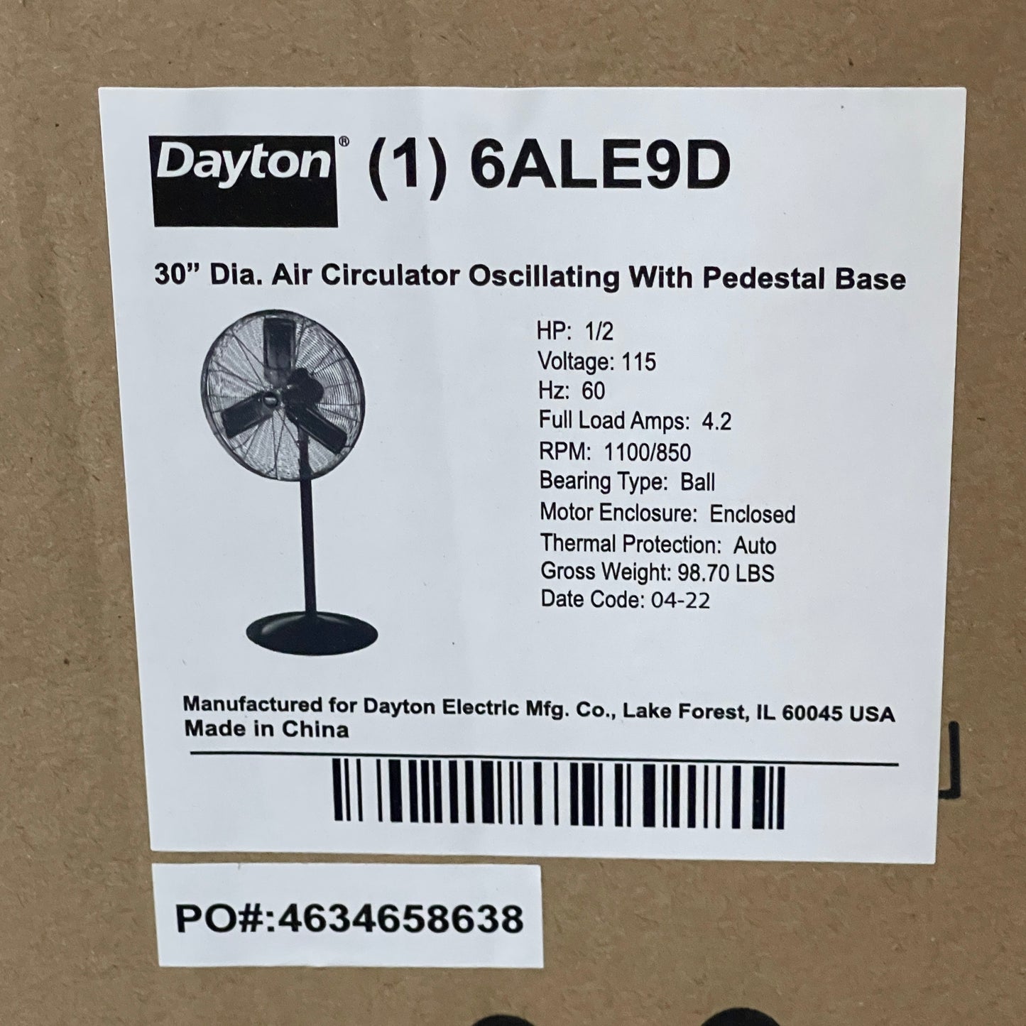 DAYTON Light Duty Industrial Floor Fan 30 In. Blade 115V 2 Speeds 6ALE9D (New)