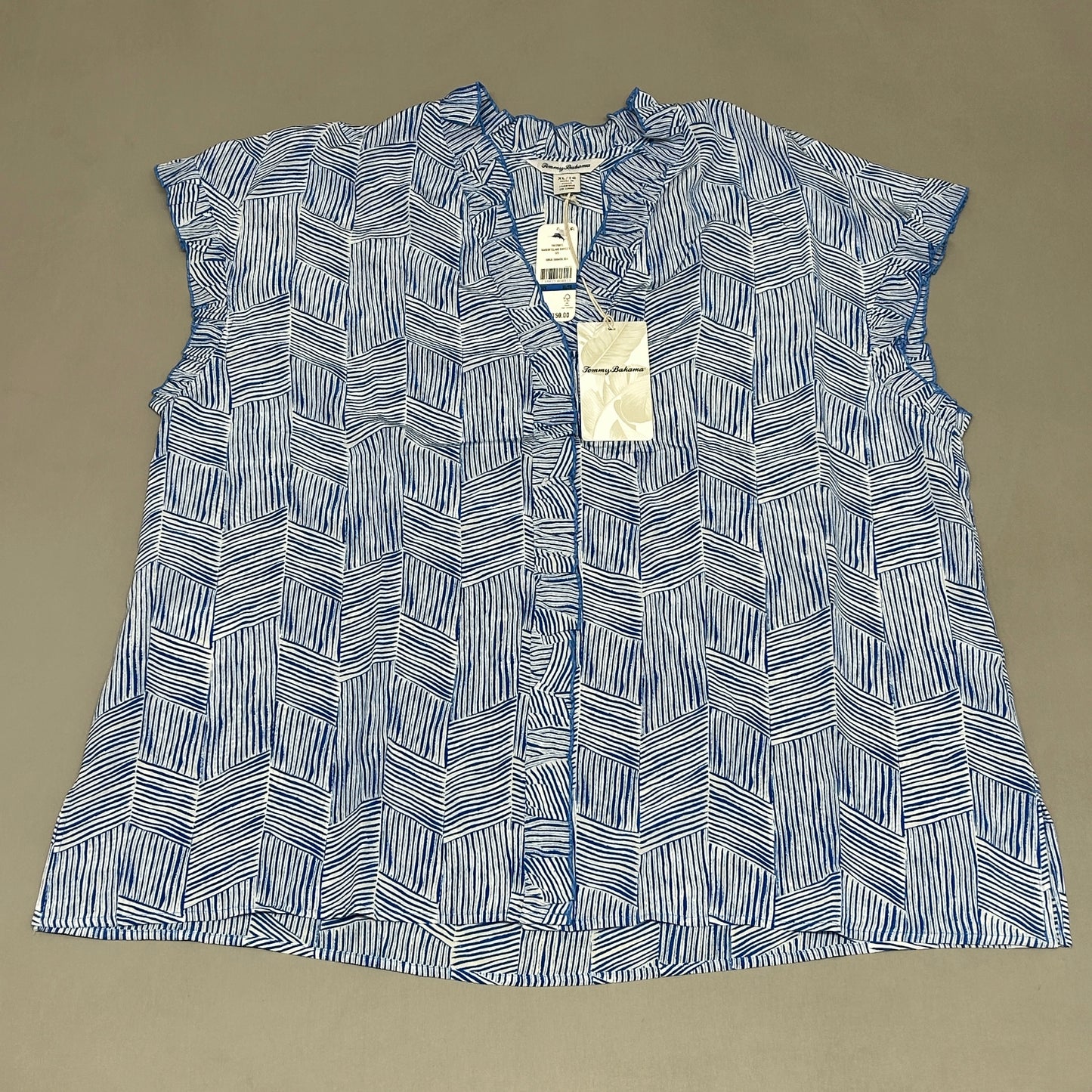 TOMMY BAHAMA Women's Harbor Island Ruffle Top Short Sleeve Silk Blue/White Size XL (New)
