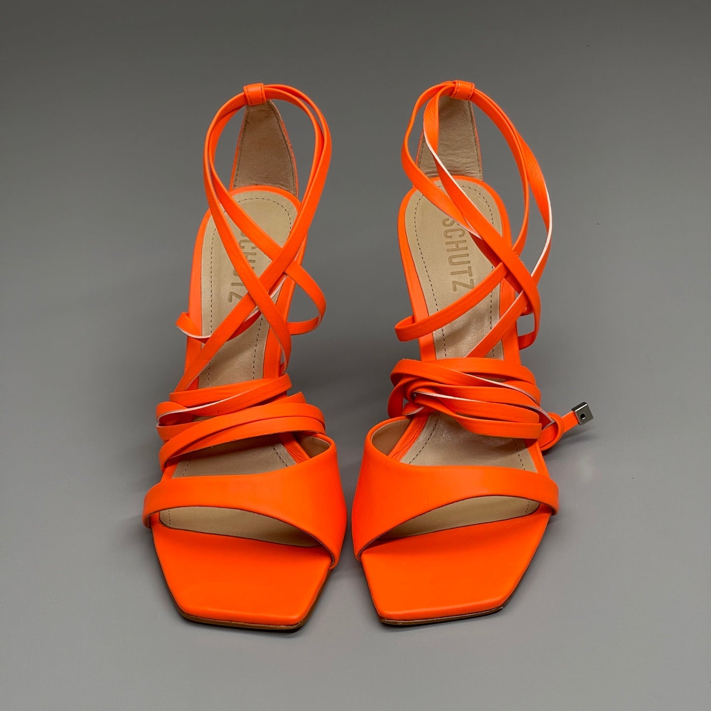 SCHUTZ Bryce Ankle Tie Women's High Heel Leather Strappy Sandal Acid Orange Sz 8 (New)