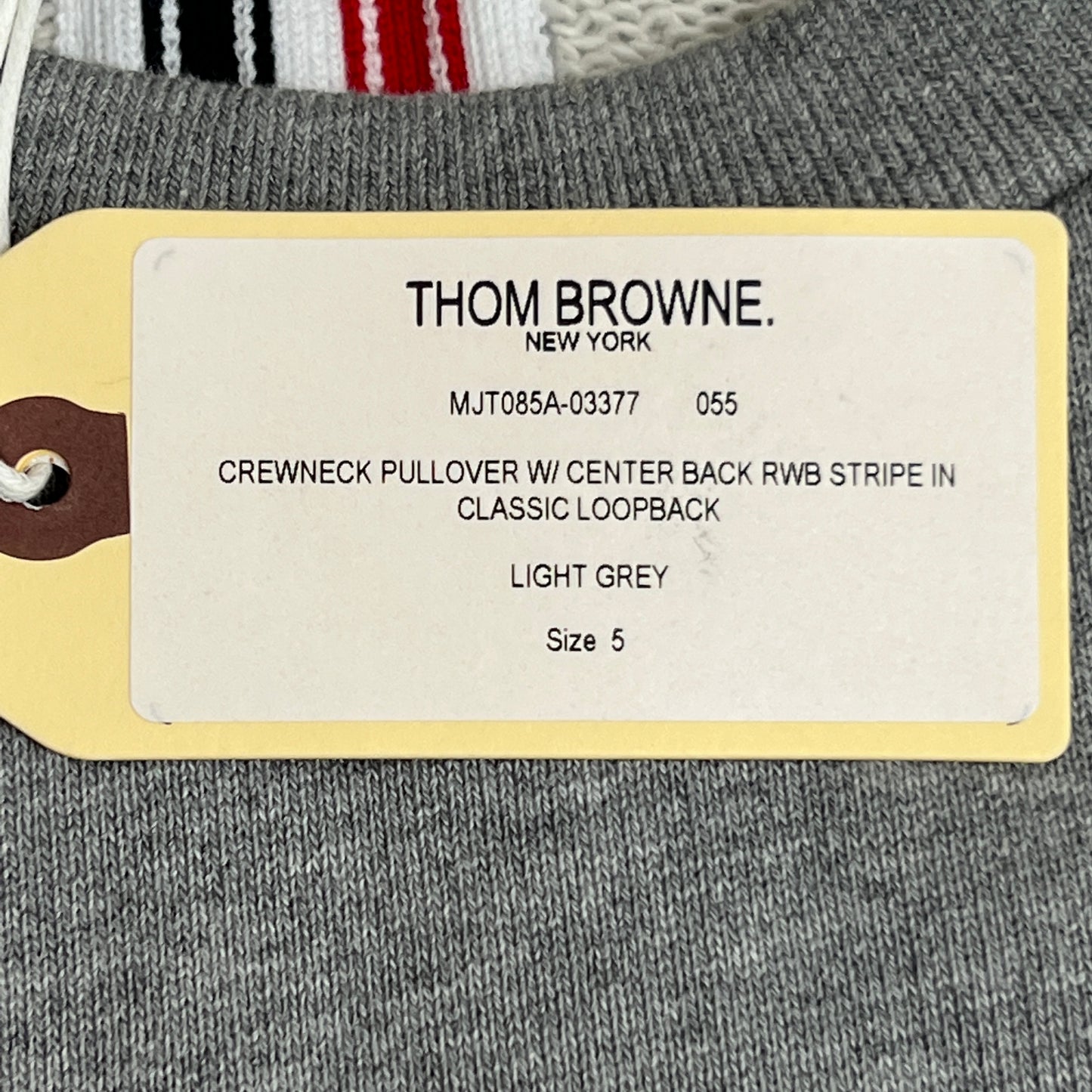 THOM BROWNE Crewneck Pullover w/Center-Back RWB Stripe in Classic Loopback Light Grey Size 5(New)