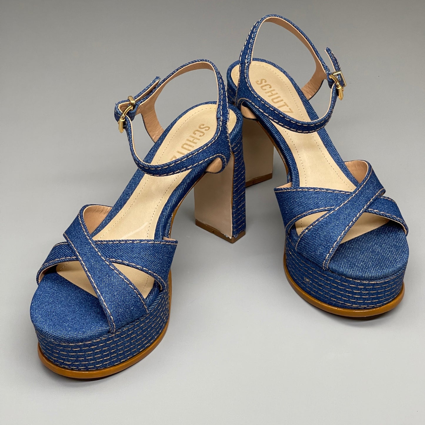 SCHUTZ Keefa Casual Denim Women's 4" Heeled Sandal Platform Blue Sz 5.5B (New)