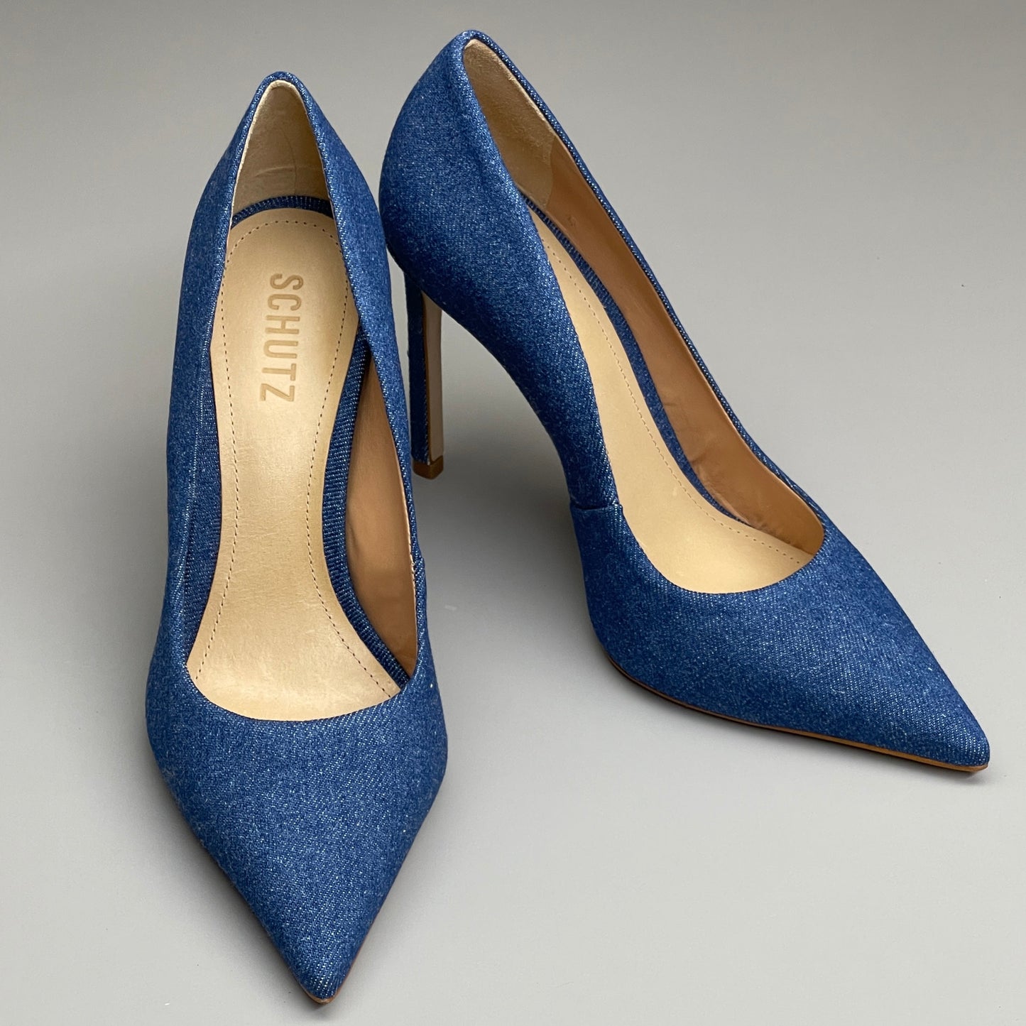 SCHUTZ Lou Denim Pump Women's 3.9" Stiletto High Heel Blue Sz 7.5B (New)