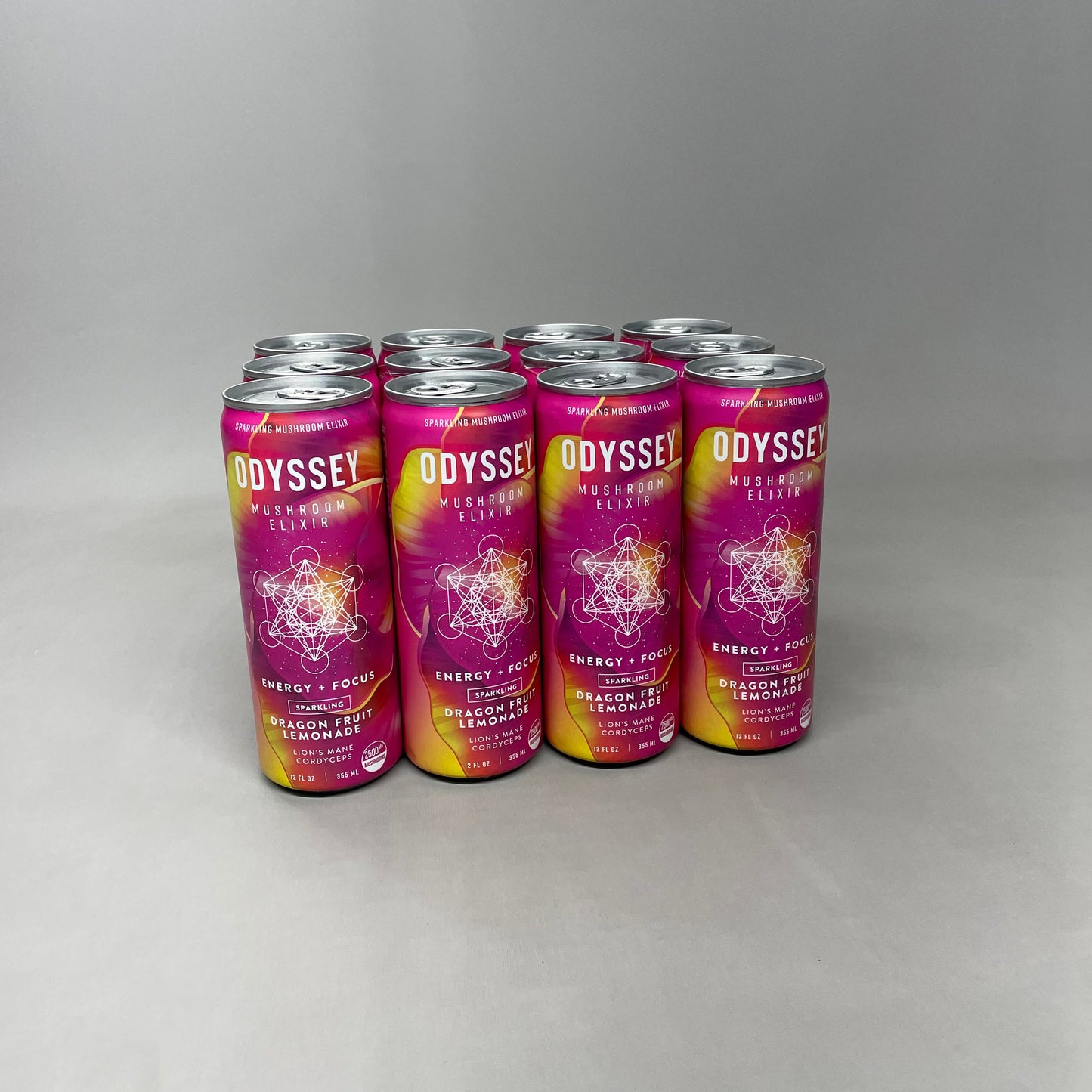 ZA@ ODYSSEY 12-PACK Mushroom Elixir Sparkling Drink Energy + Focus Dragon Fruit Lemonade 12 fl oz BB 05/25 (New Other) A