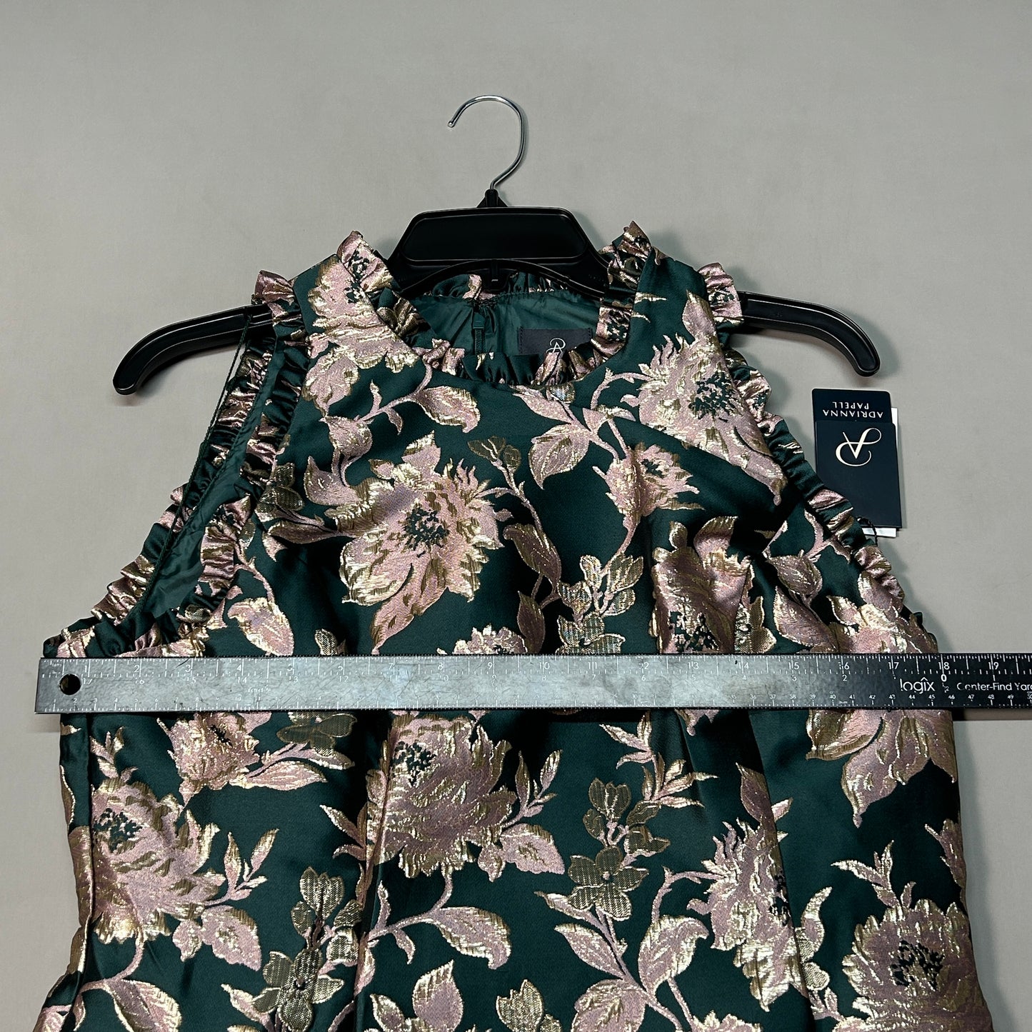 ADRIANNA PAPELL Ruffle Jacquard Dress Hunter Green Size 14 (New)