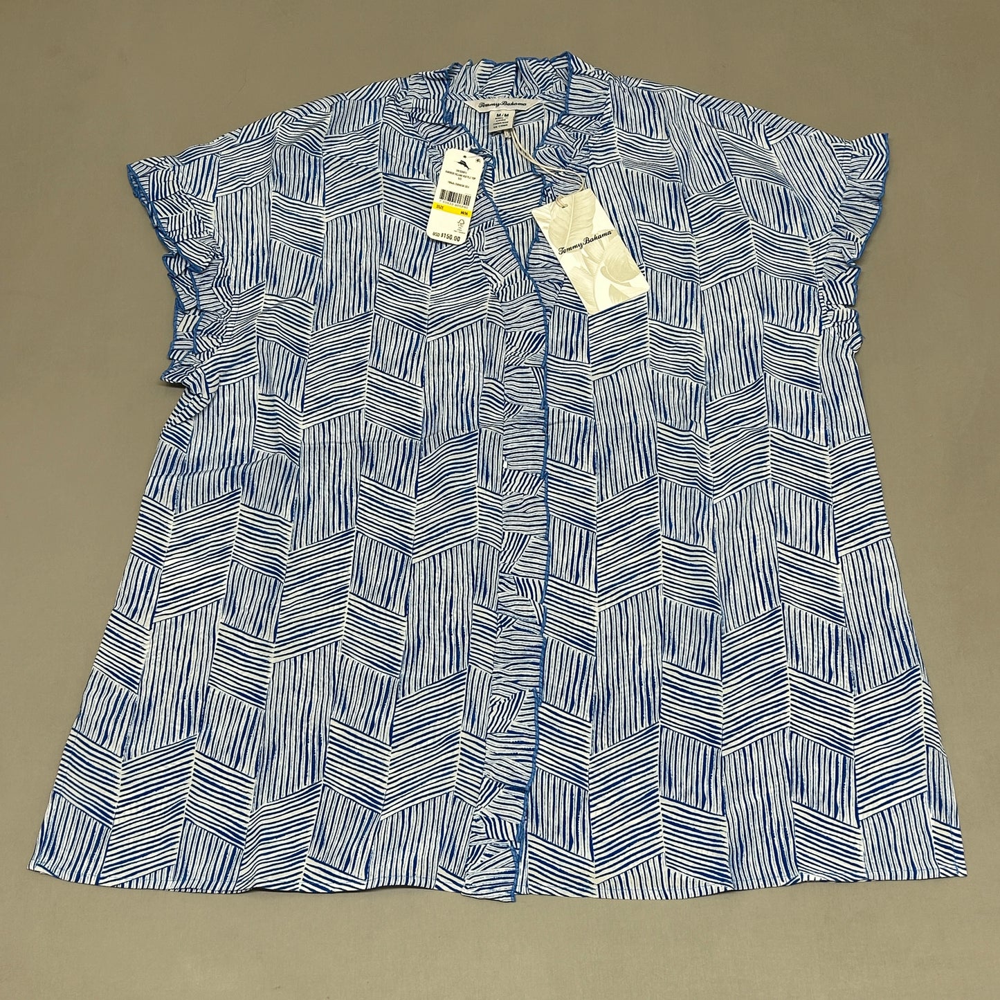 TOMMY BAHAMA Women's Harbor Island Ruffle Top Short Sleeve Silk Blue/White Size M (New)