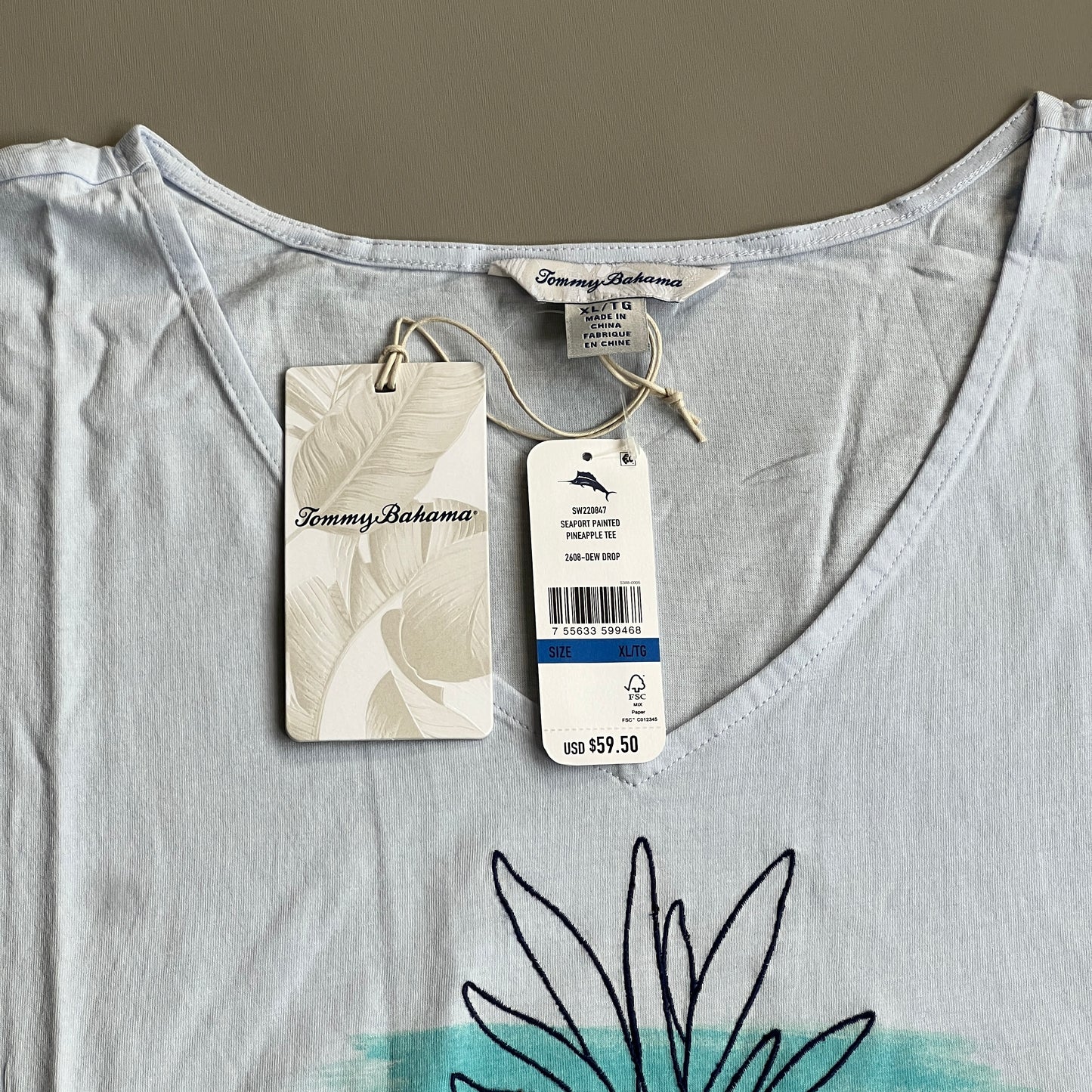 TOMMY BAHAMA Women's Seaport Painted Pineapple Tee T-shirt Dew Drop Size XL (New)