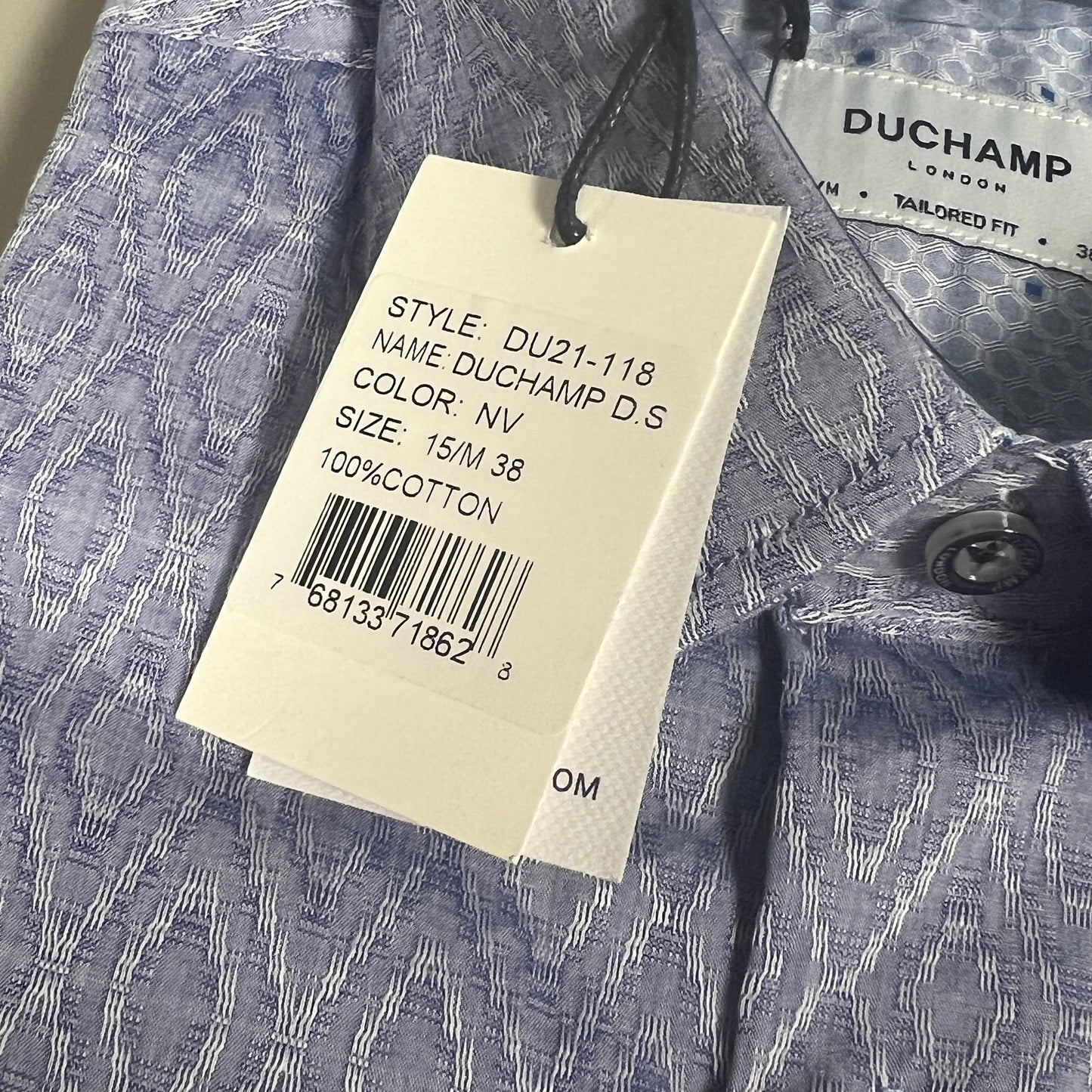 DUCHAMP LONDON Blue Tailored-fit Geometric-print Dress Shirt Men's Sz M/38/15 (New)