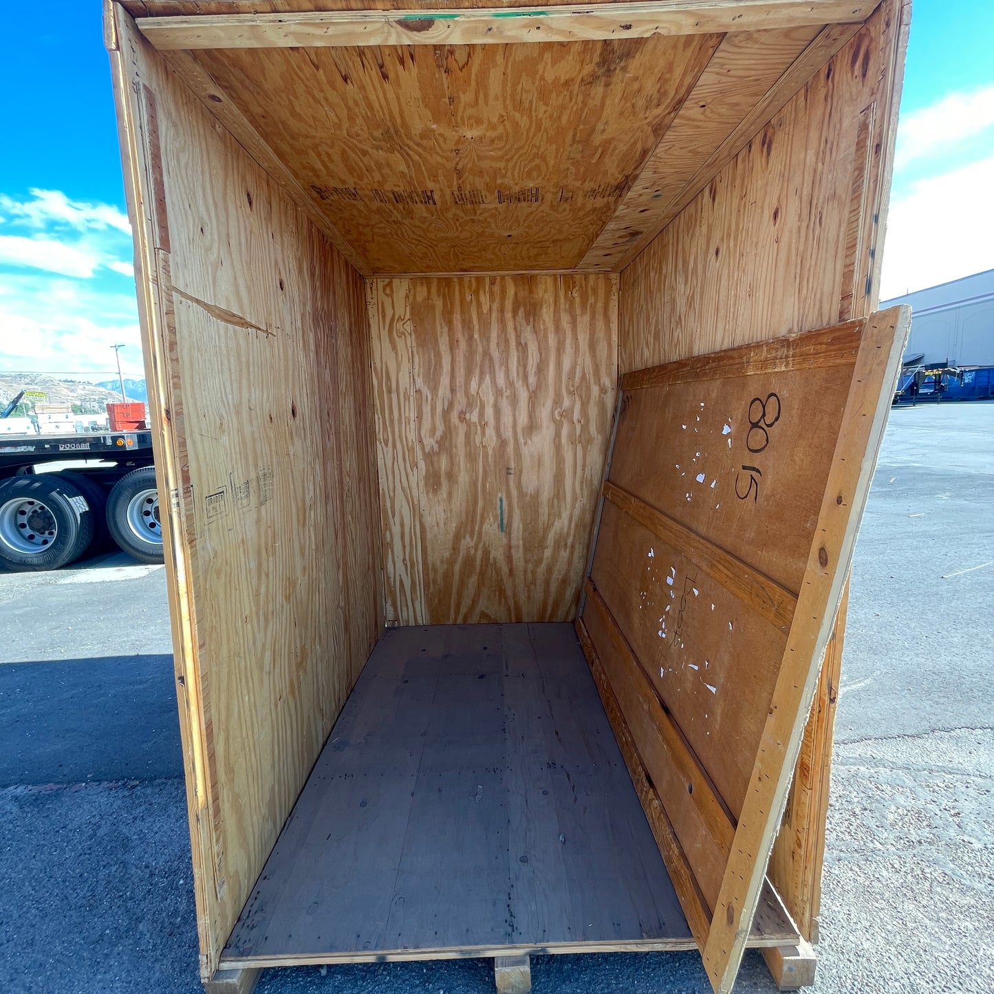 Z@ LARGE PLYWOOD STORAGE CONTAINER / CRATE ~5' W x 7' L x 7.5' T (Good Condition, AS-IS)