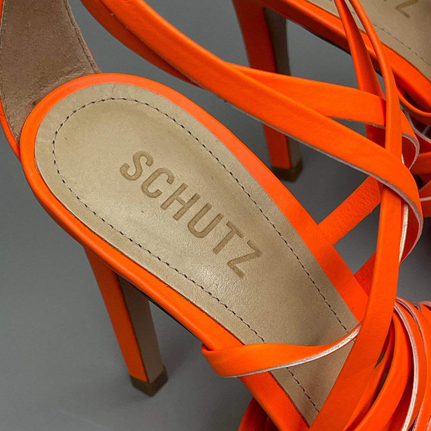 SCHUTZ Bryce Ankle Tie Women's High Heel Leather Strappy Sandal Acid Orange Sz 7 (New)