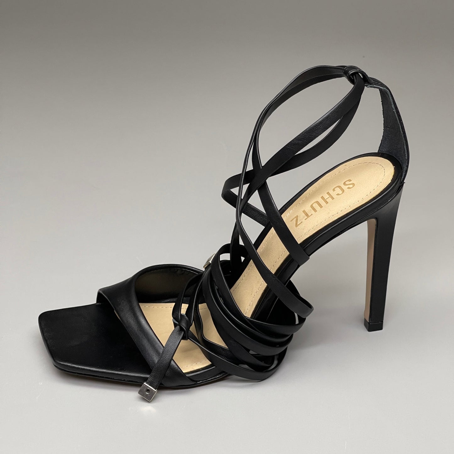 SCHUTZ Bryce Ankle Tie Women's Leather High Heel Strappy Sandal Black Sz 10B (New)