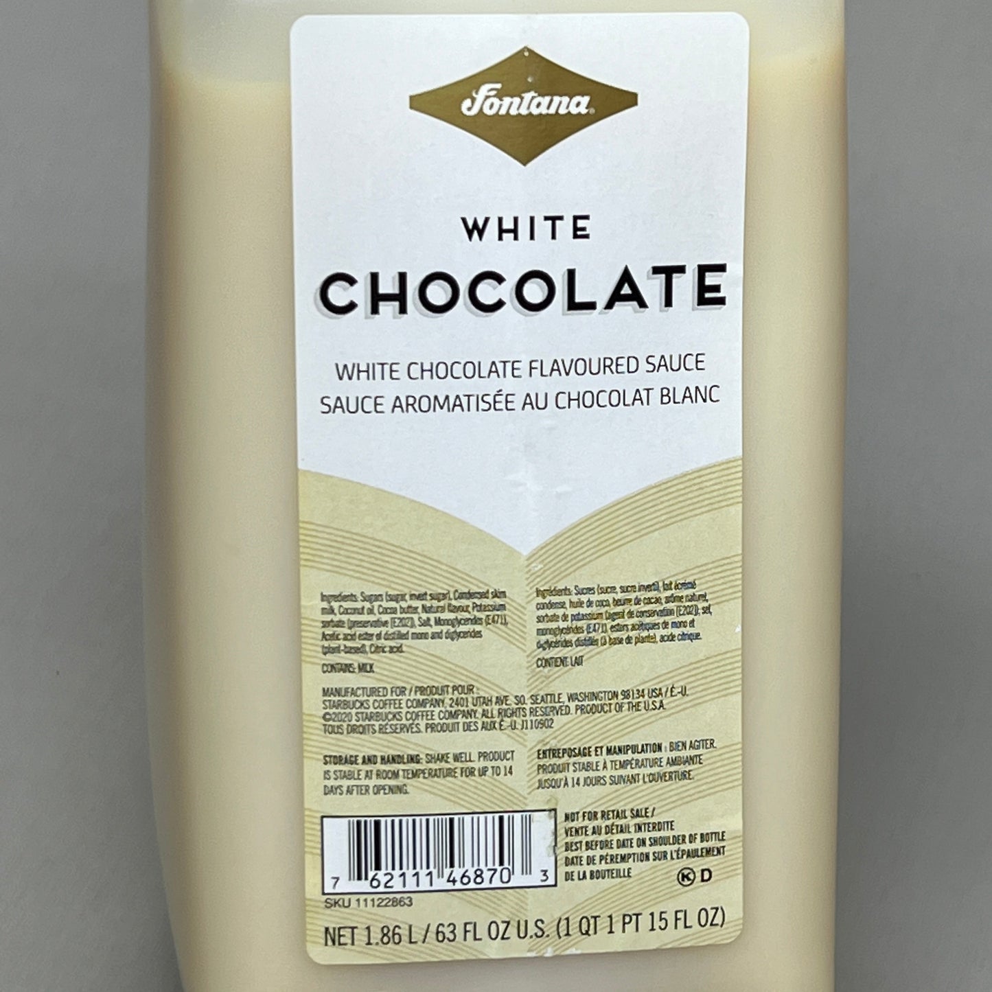 ZA@ STARBUCKS Fontana White Chocolate Flavored Sauce for Beverages 1.86 L BB 01/26