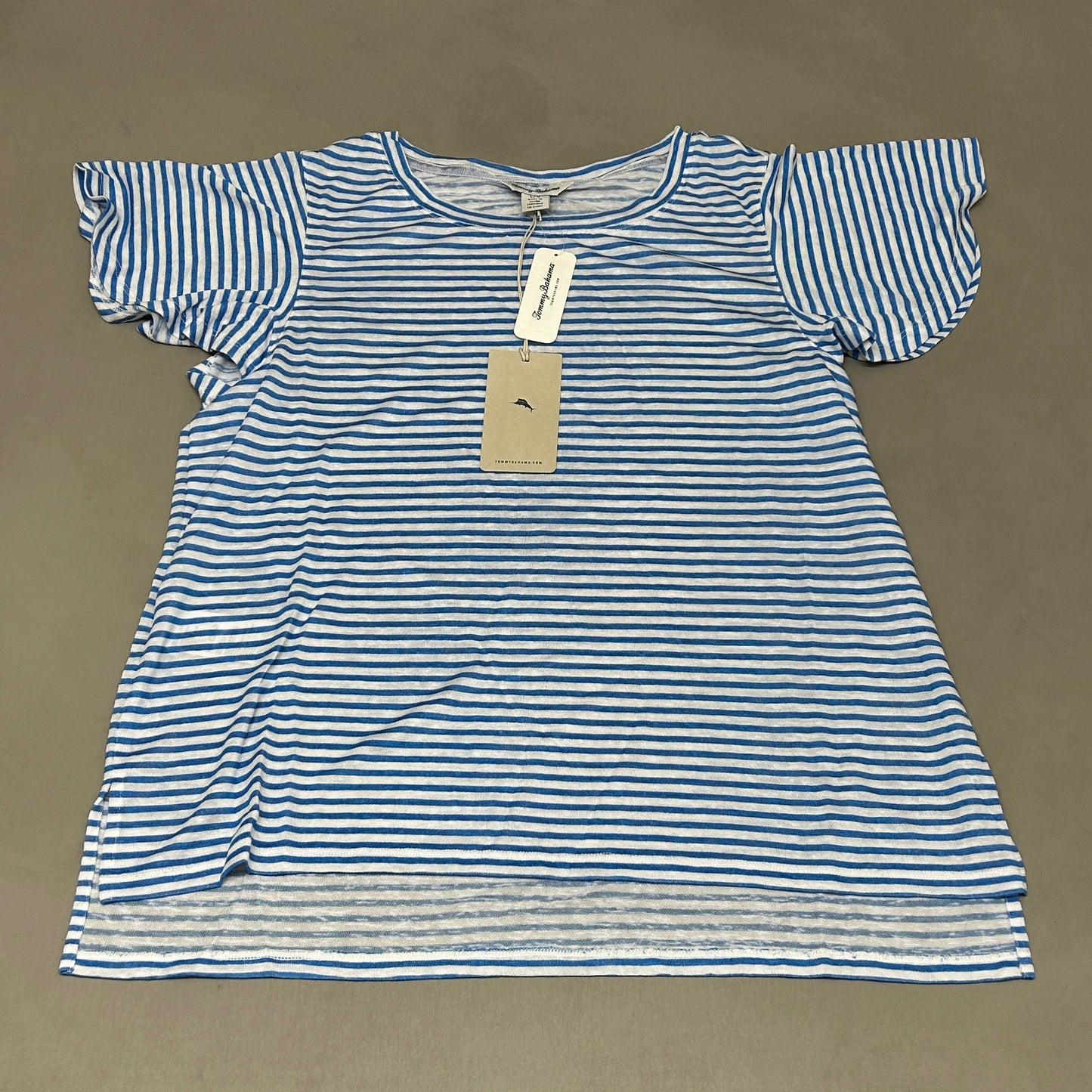 TOMMY BAHAMA Women's Bungalow Stripe Lana Top Short Sleeve Blue/White Size L (New)