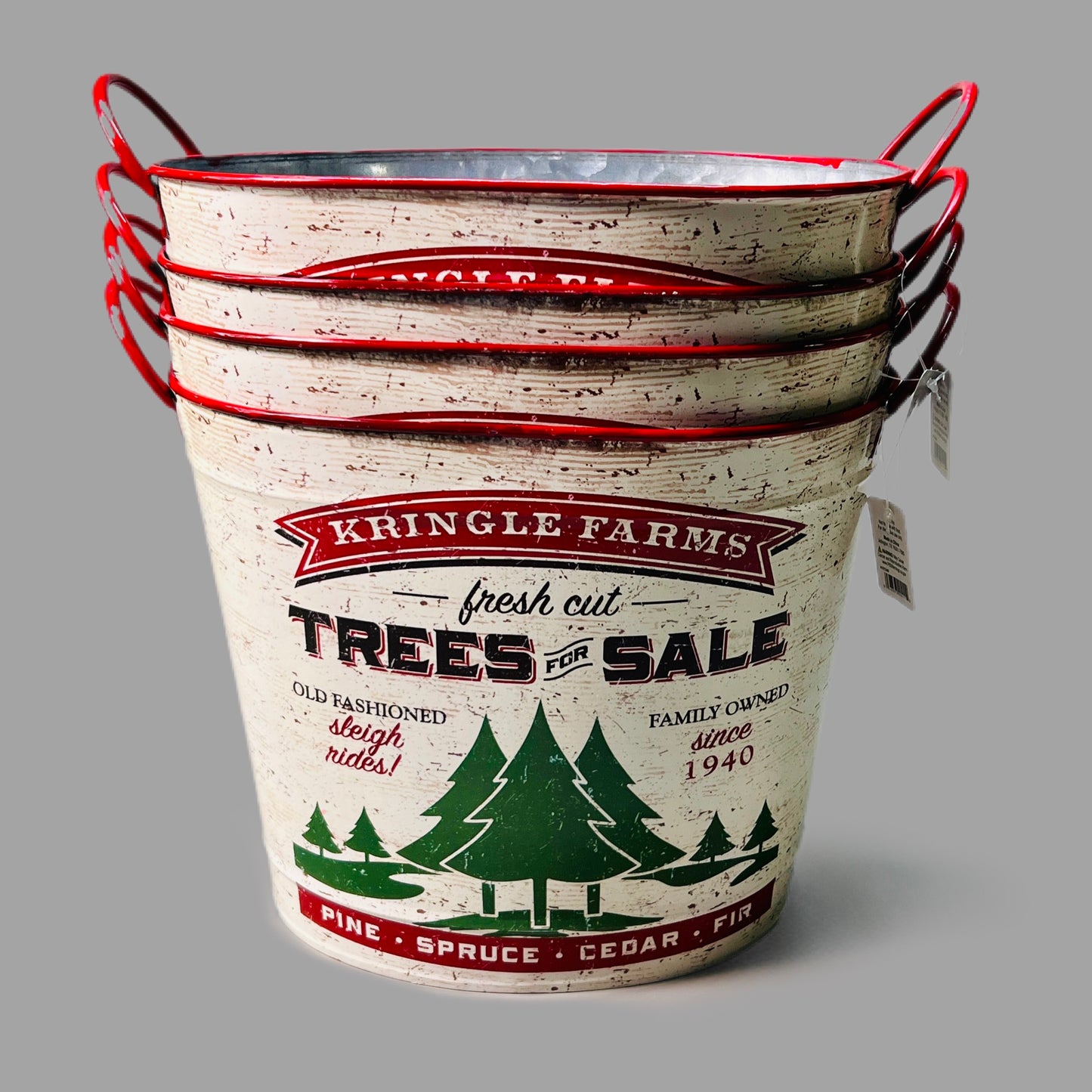 RAZ IMPORTS 4-PACK! of 13.5" Country Christmas Holiday Kringle Farms Handled Bucket 4111249 (New)