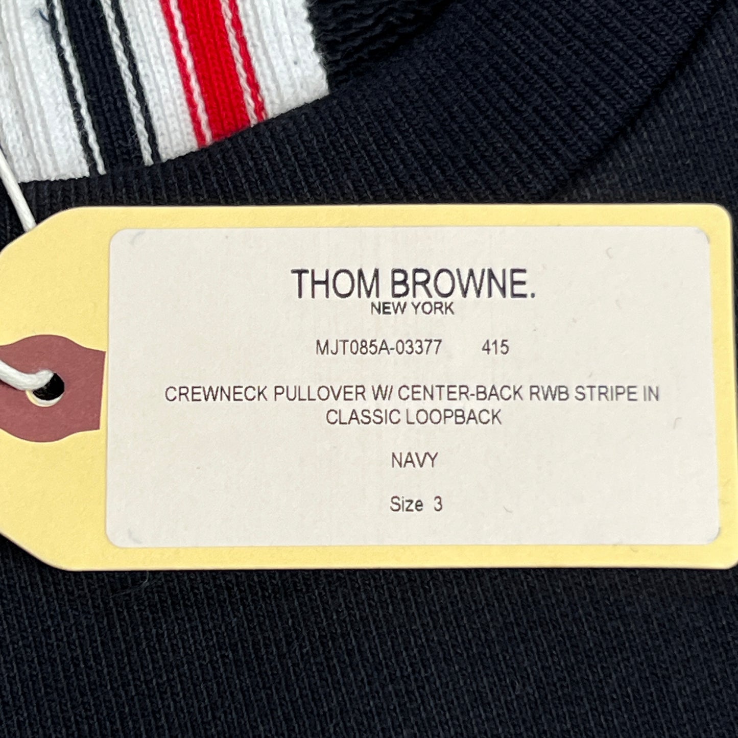 THOM BROWNE Crewneck Pullover w/Center-Back RWB Stripe in Classic Loopback Navy Size 3 (New)