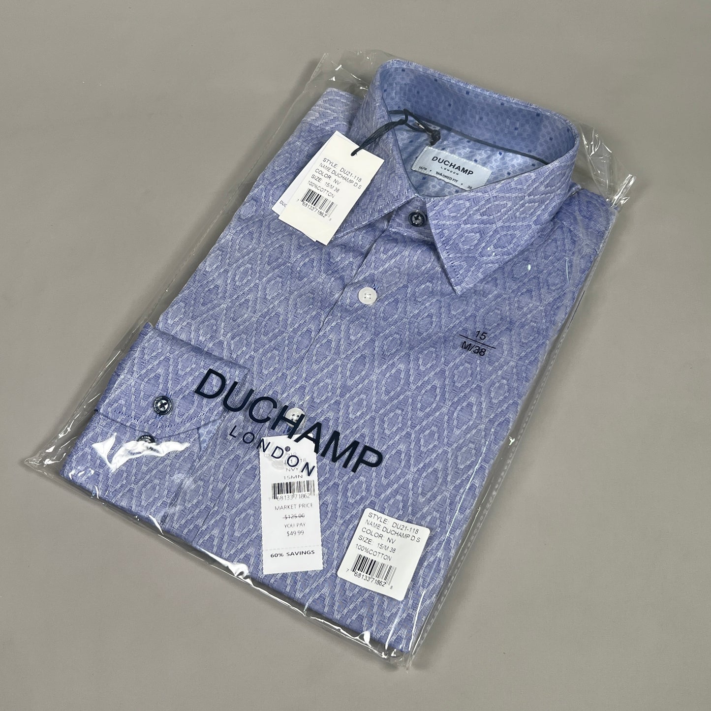 DUCHAMP LONDON Blue Tailored-fit Geometric-print Dress Shirt Men's Sz M/38/15 (New)