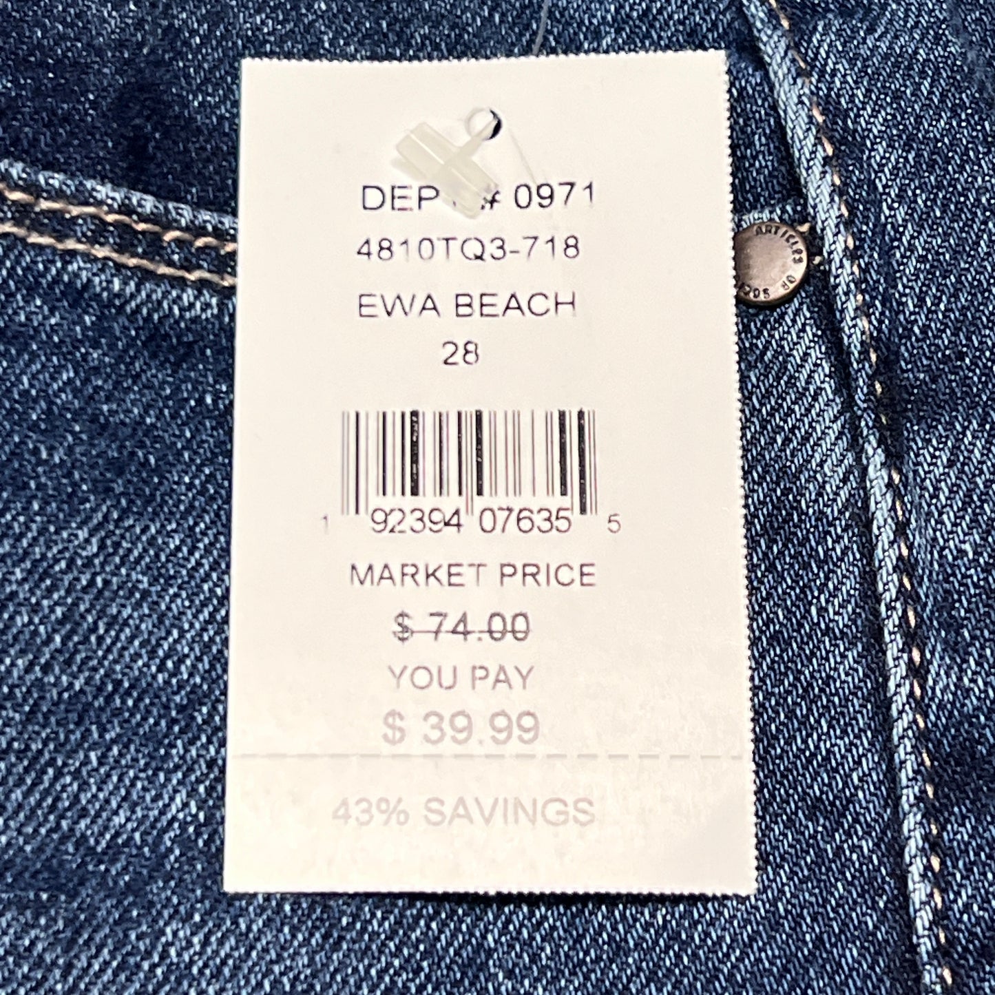 ARTICLES OF SOCIETY Ewa Beach Denim Jeans Women's Sz 28 Blue 4810TQ3-718 (New)