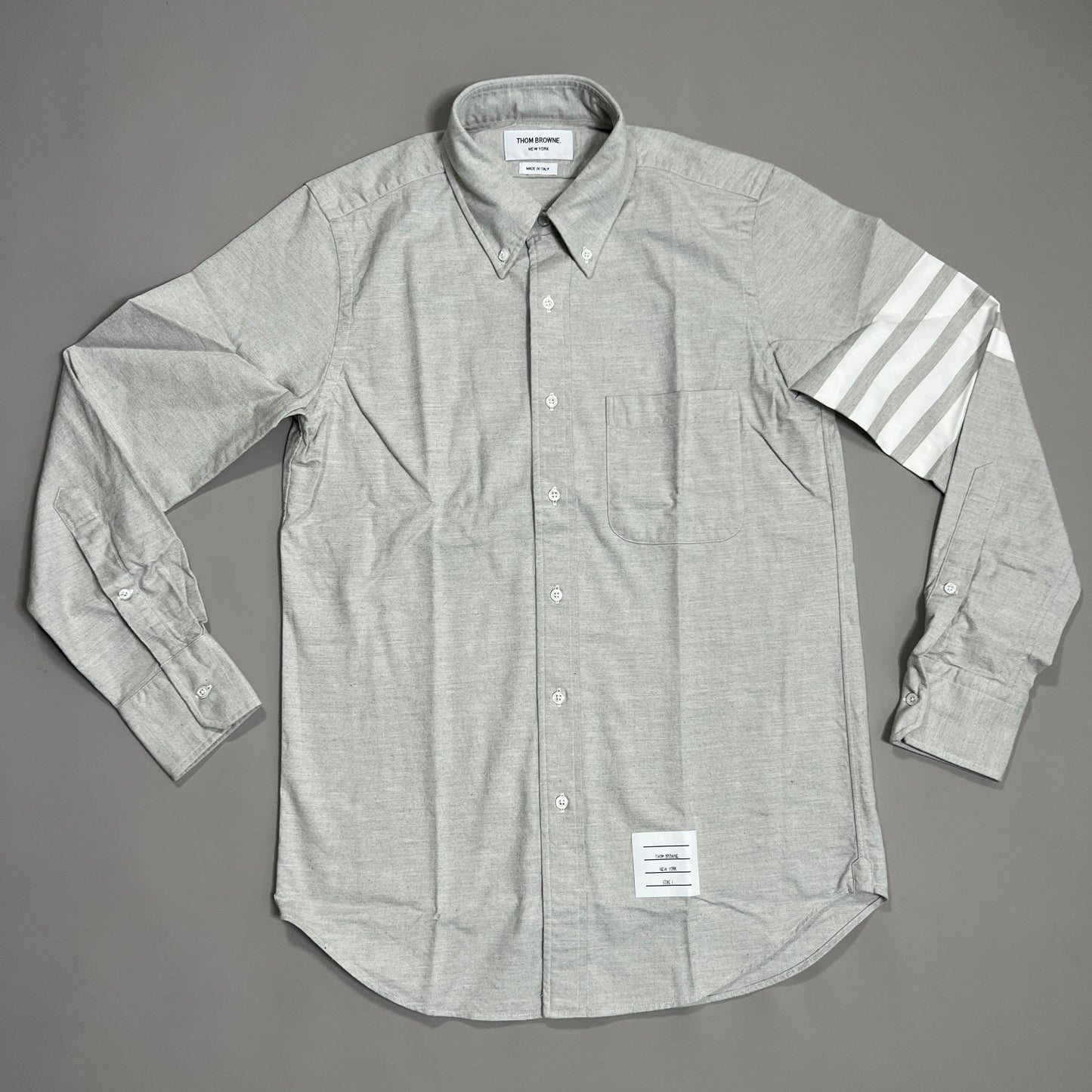 THOM BROWNE Straight Fit Button-Down Long Sleeve w/CB RWB Flannel shirt w/woven 4 Bar Sleeve in Med Grey Size 1 (NEW)