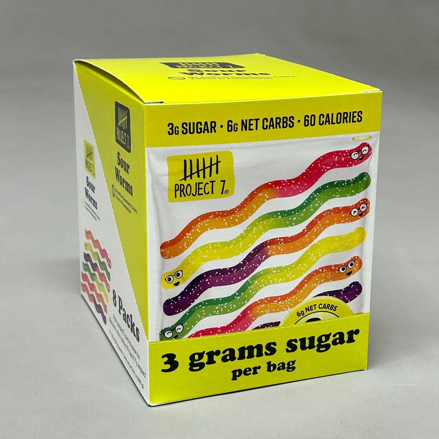 PROJECT 7 Gummy Sour Worms 8-Pack! 3 Grams of Sugar per Bag 8-1.8oz (New)