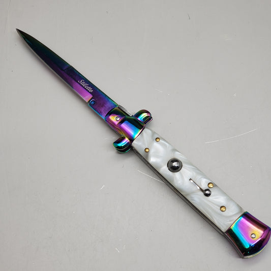 ZA@ ARMED FORCE TACTICAL Hand Crafted OTF Pocket Knife 9" Knife 4" Blade White/Rainbow ST-7RWP