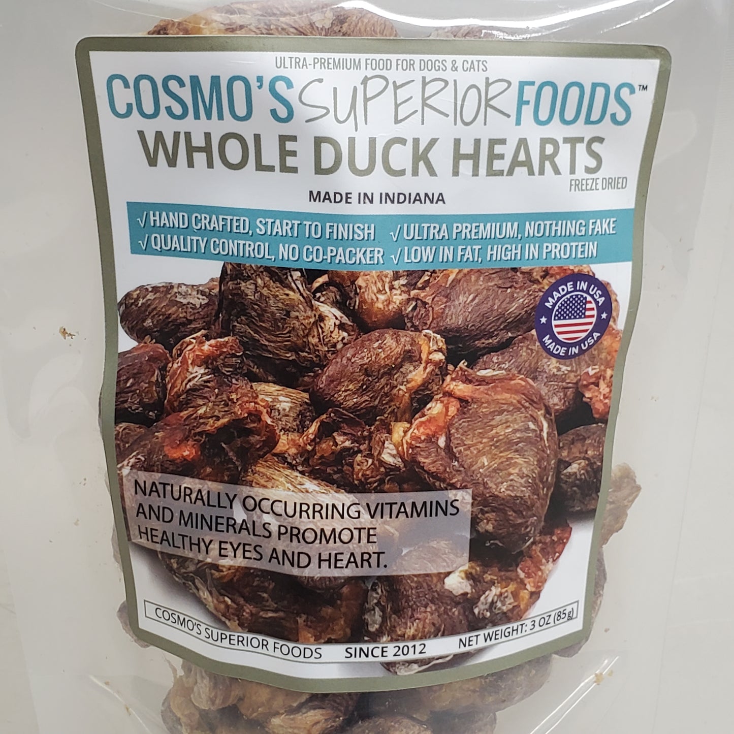 COSMO'S SUPERIOR FOODS Freeze Dried Whole Duck Hearts Cat & Dog Food 3 oz BB 04/26