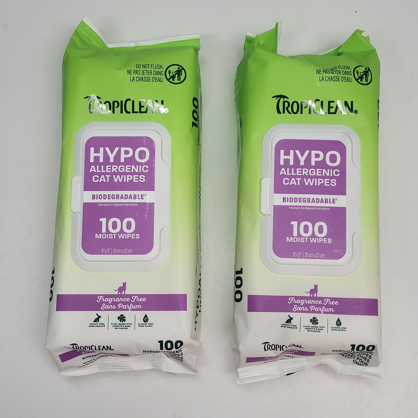 TROPICLEAN (2 PACK) Hypo Allergenic Cat Wipes Biodegradable 100 Wipes Each