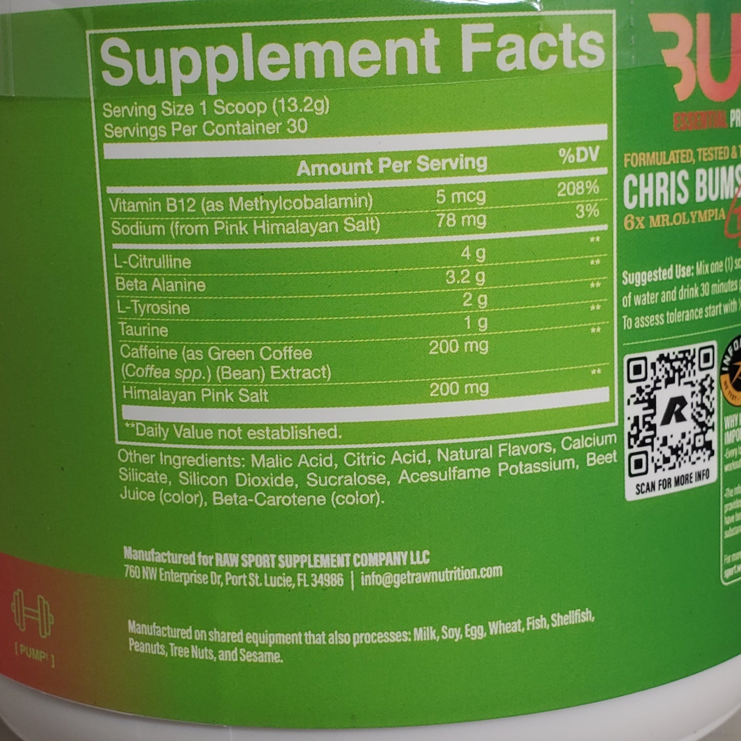 RAW NUTRITION Essential Pre Workout 30 Serv 13.97 OZ Strawberry Kiwi BB 03/27