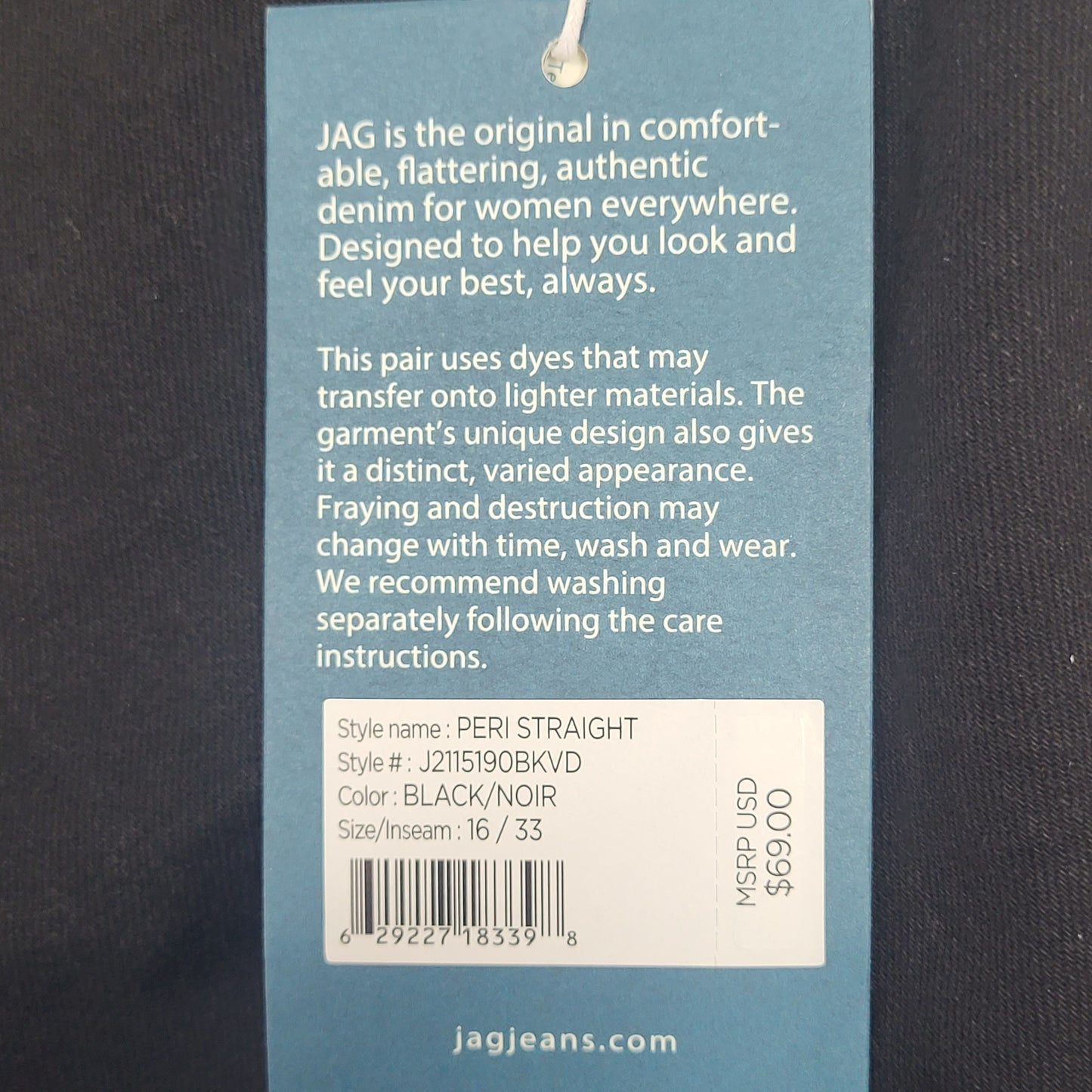 JAG Peri Mid Rise Straight Sustainable Denim Jeans Women's Sz 16/33 Black