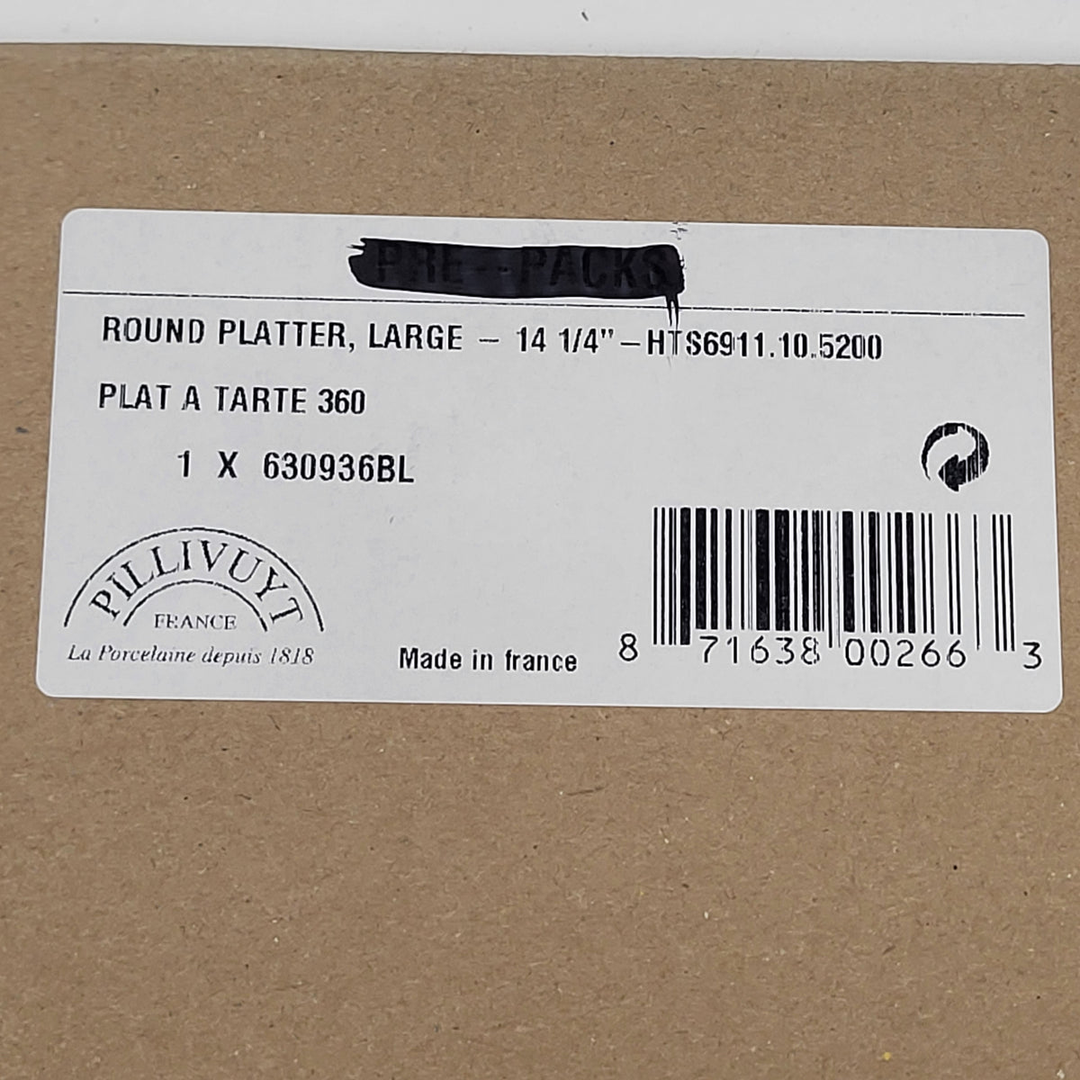 PILLIVUYT Porcelain Round Platter Large 14.25"x14.25" 630936BL