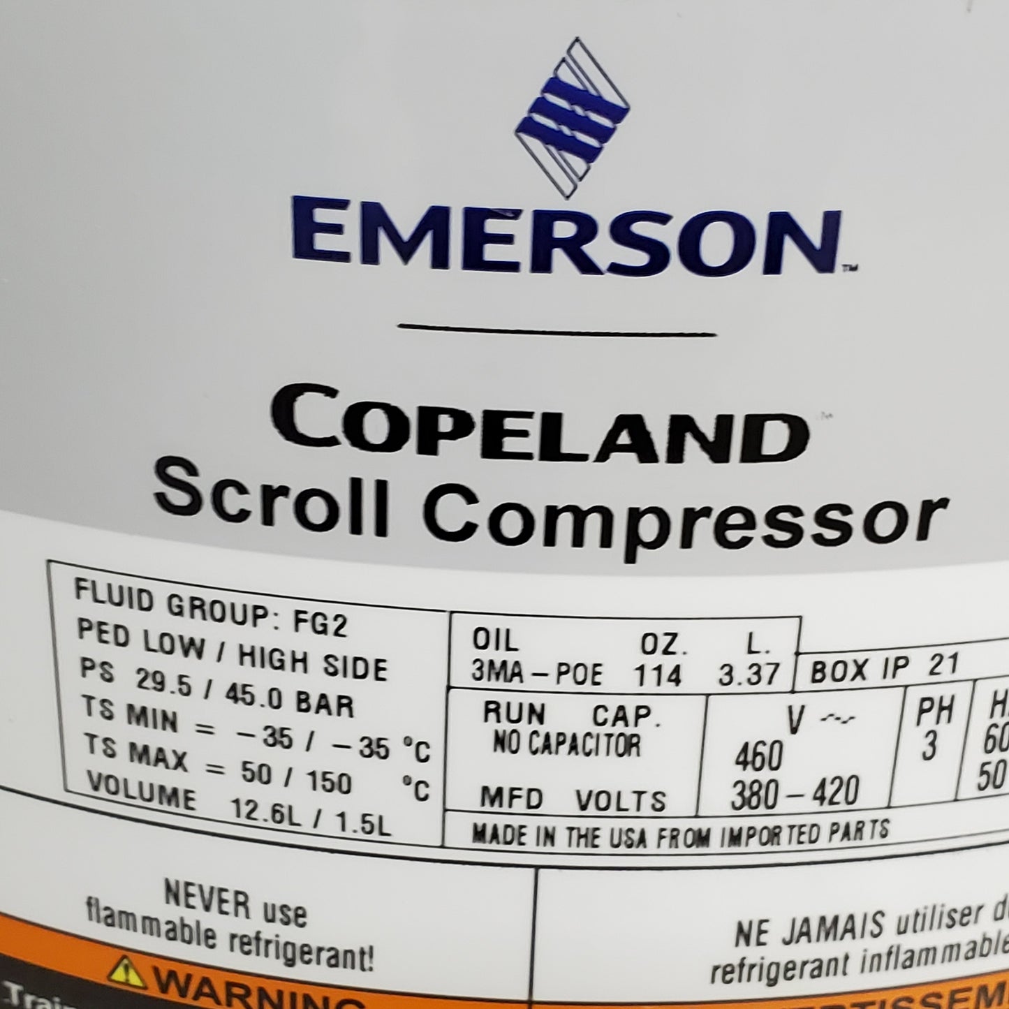 EMERSON Copeland Scroll Compressor High Temp R410A 460v3ph 168,000btu ZP137KCETFD950
