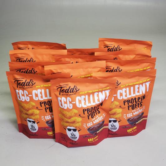 ZA@ TODDS (12 Pack) Egg-Cellent Protein Puffs BBQ Flavor Sweet & Smokey 2.5 oz BB 12/25 A