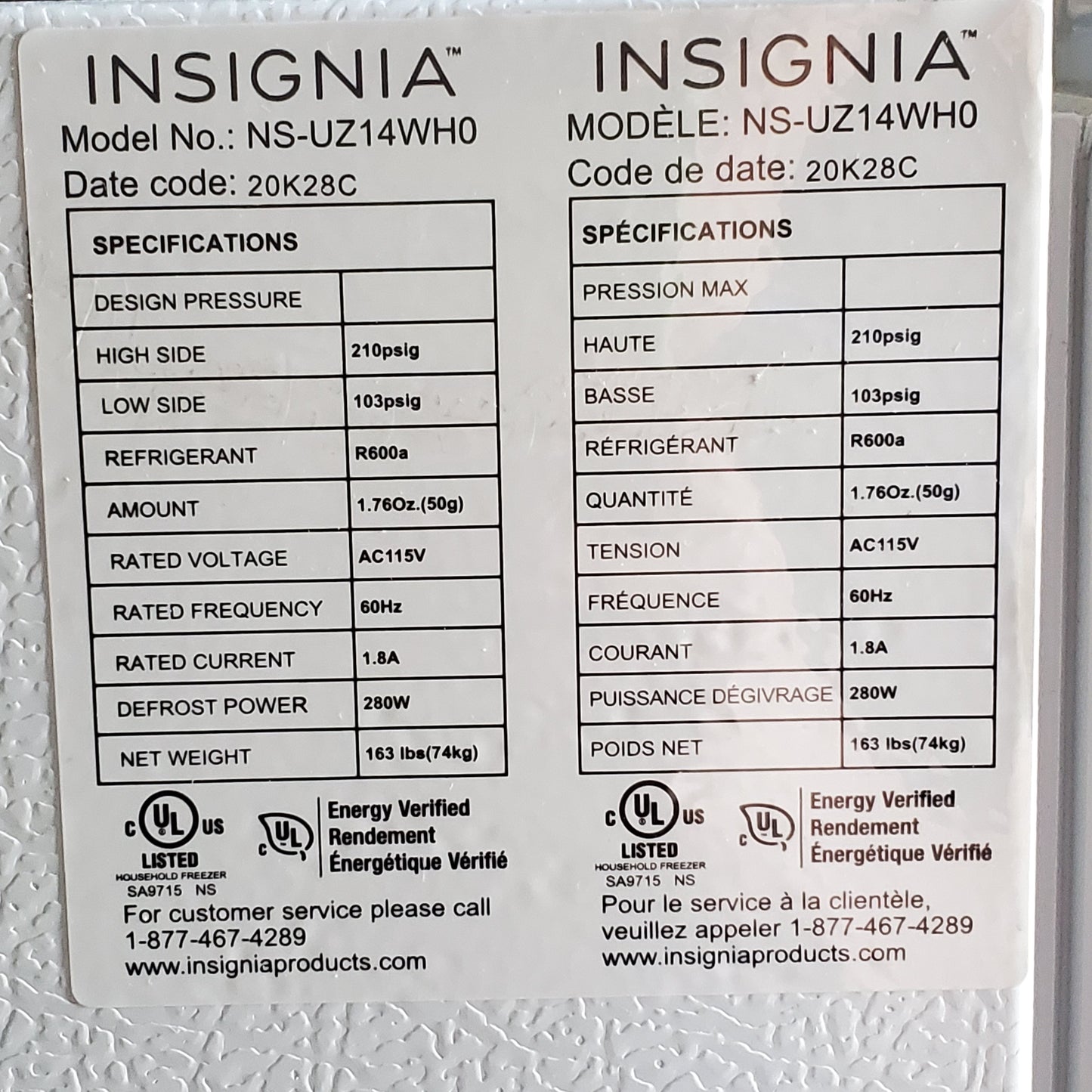 INSIGNIA Convertible Upright Freezer Energy Star 13.8 Cu. Ft. 28"wx30"dx62"t NS-UZ14WH0 (Like New)