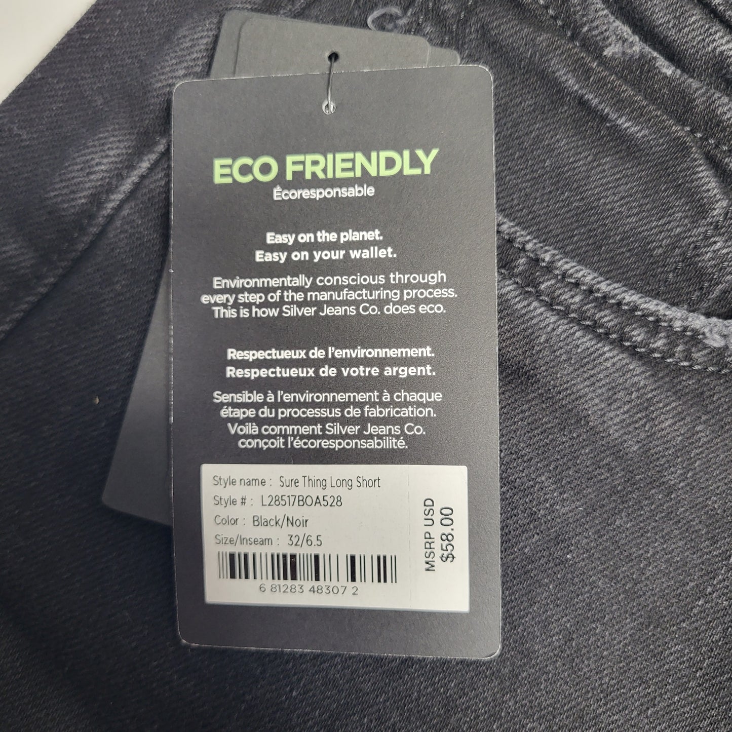 SILVER JEANS CO. Sure Thing Long Short Eco Friendly Sz 32/6.5 Black L28517BOA528