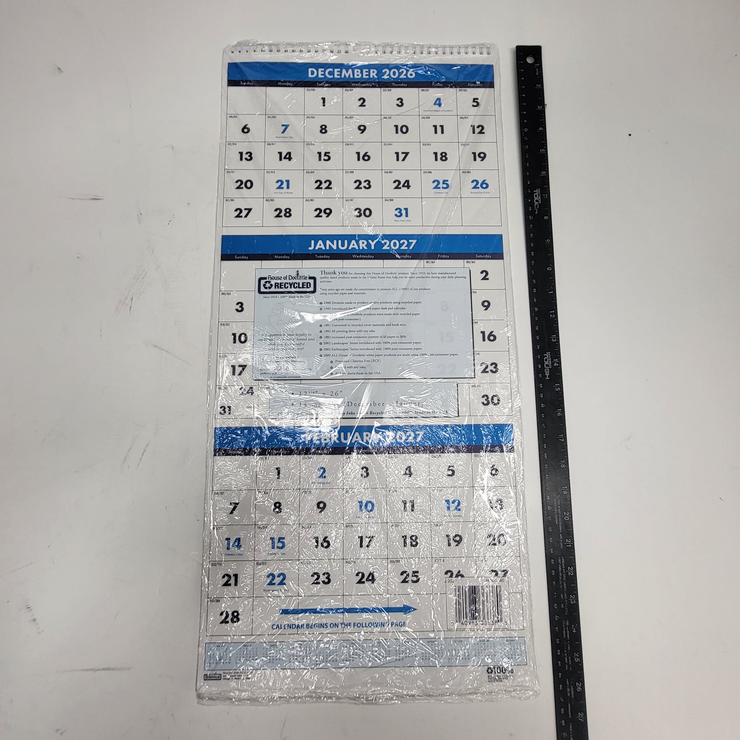 HOUSE OF DOOLITTLE (3 PACK) Recycled 3-month Wall Calendar Vertical 12.5"X26