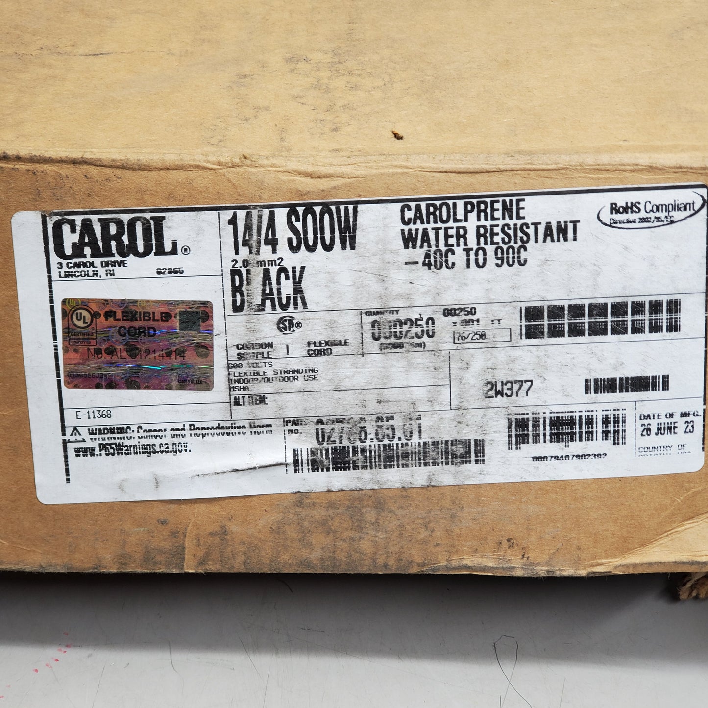 CAROL Flexible Cord Water Resistant Wire SOOW 14/4 x 250' Black 02768.85.01 600V