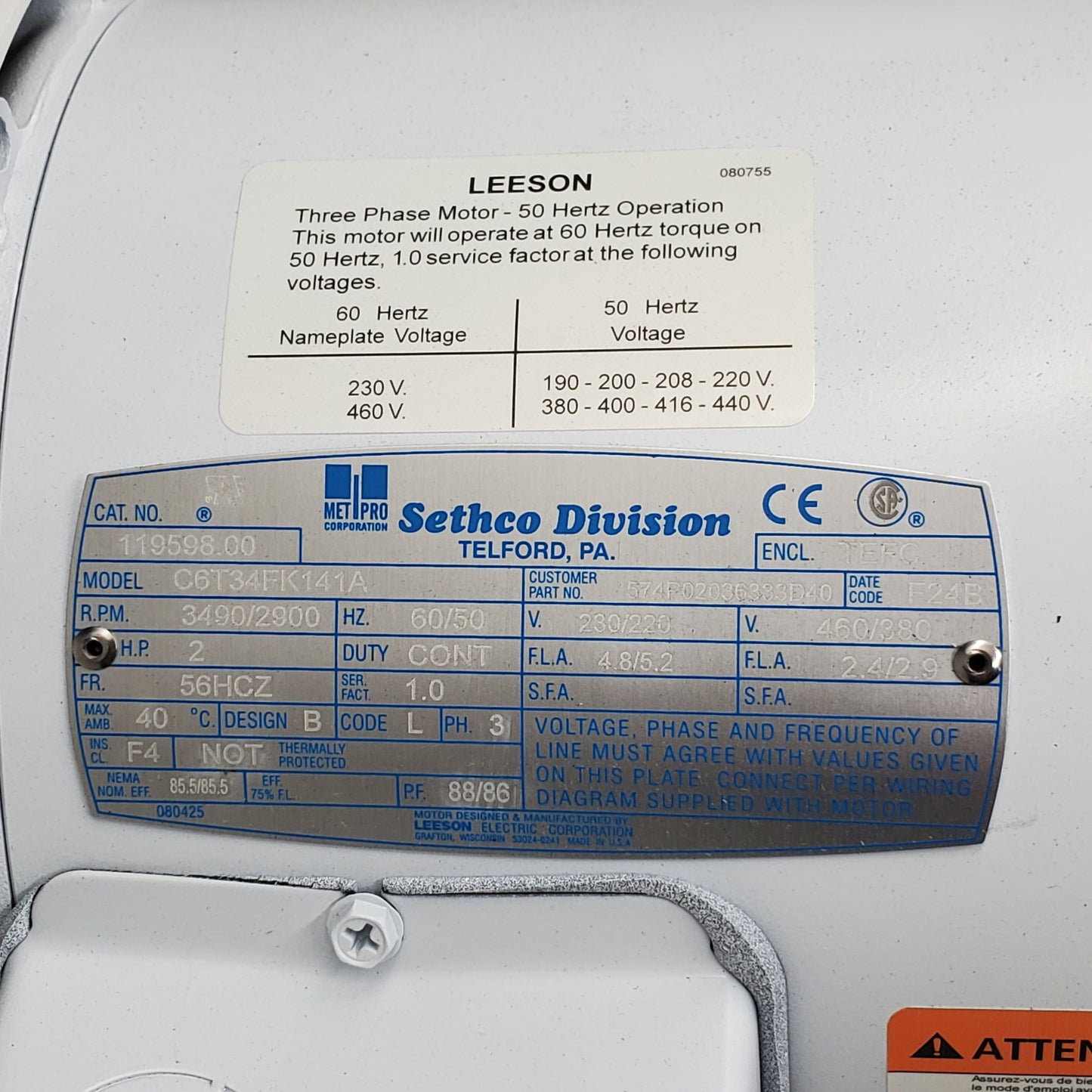 LEESON 3 Phase Continuous Motor 60/50 Hz 5/8" Shaft 2HP White C6T34FK141A