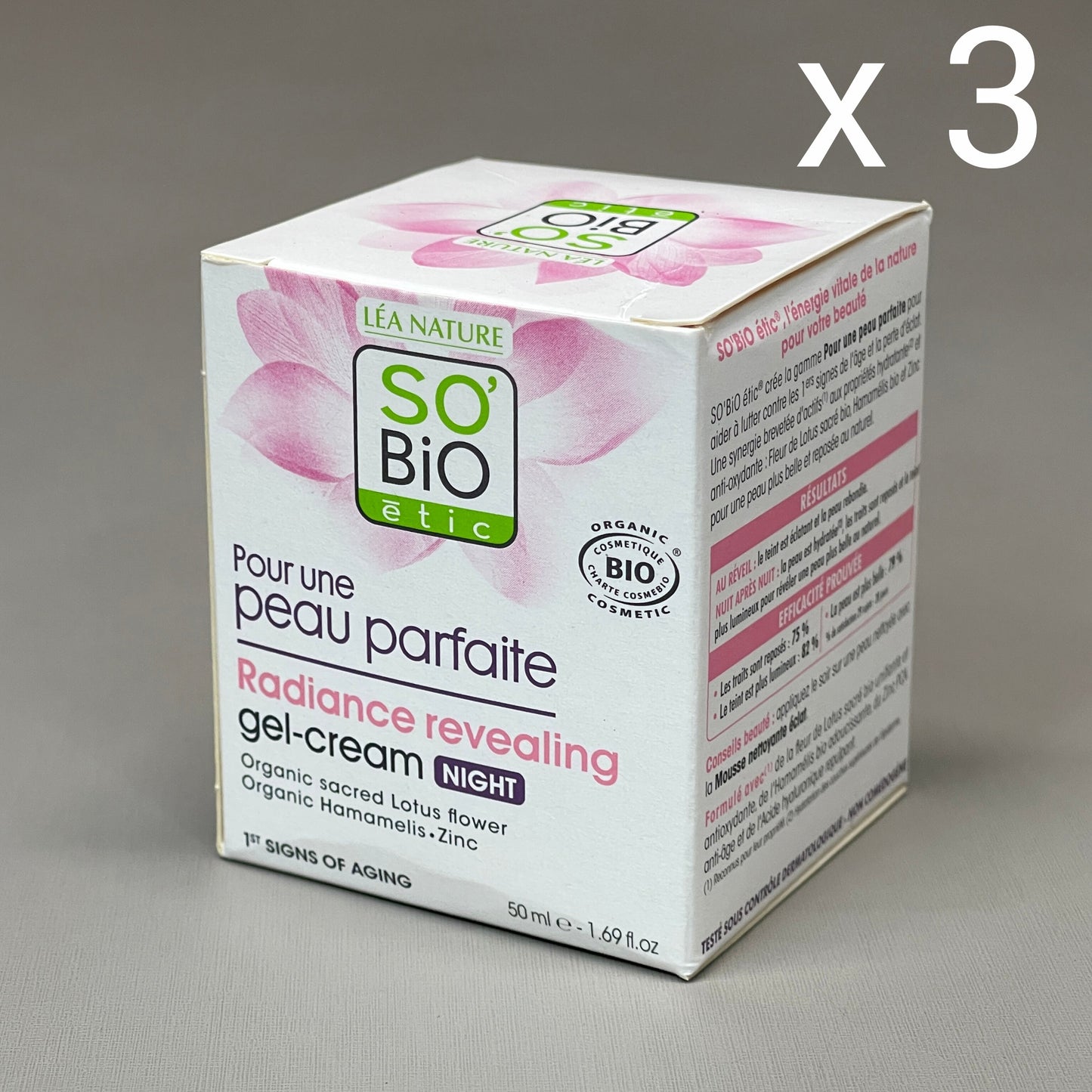 SO BIO etic (3-PACK) Radiance Revealing Gel-Cream Night Organic Lotus Flower Hamamelis Zinc 1.69 fl oz (New)