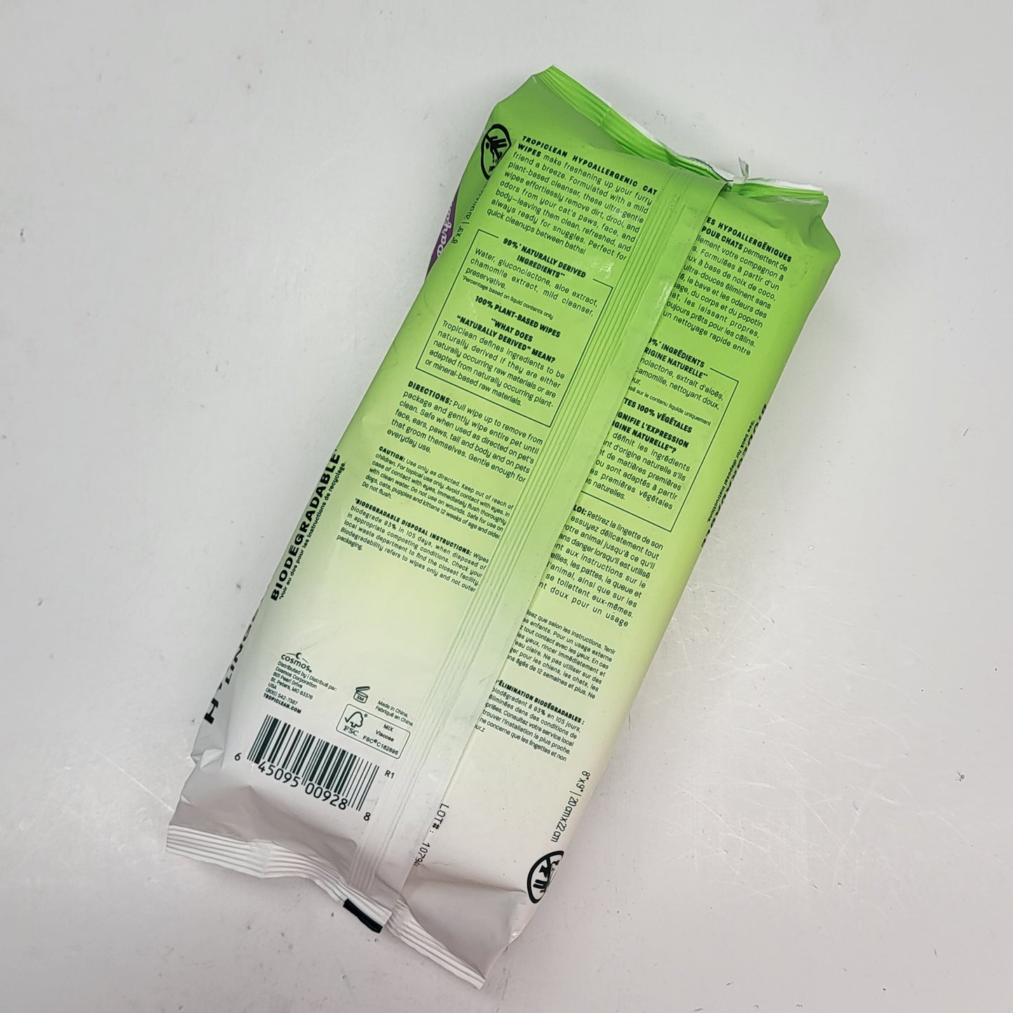 TROPICLEAN (2 PACK) Hypo Allergenic Cat Wipes Biodegradable 100 Wipes Each