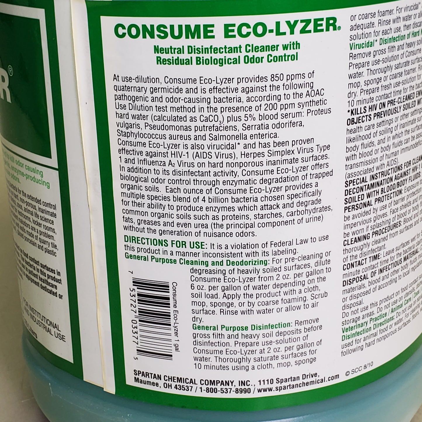 ZA@ SPARTAN Consume Eco-Lyzer Neutral Disinfectant Cleaner 1 gal 3297
