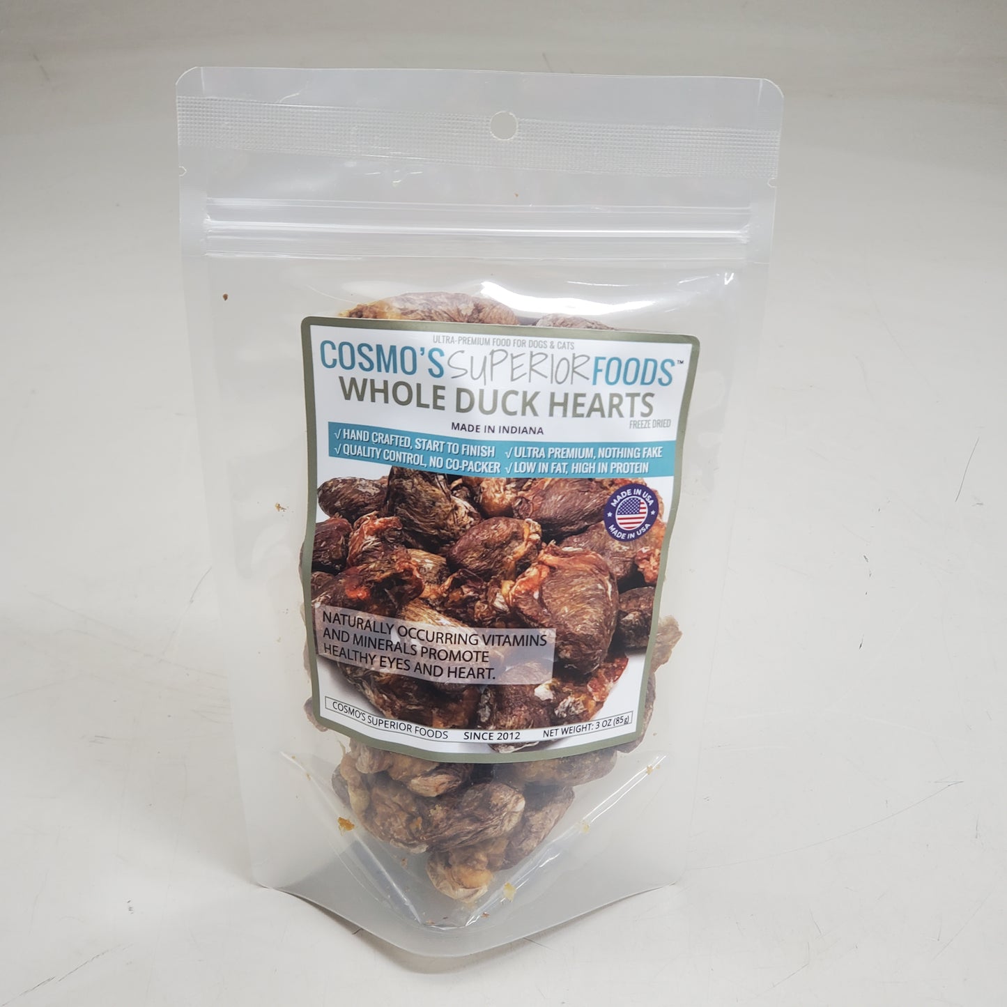 COSMO'S SUPERIOR FOODS Freeze Dried Whole Duck Hearts Cat & Dog Food 3 oz BB 04/26