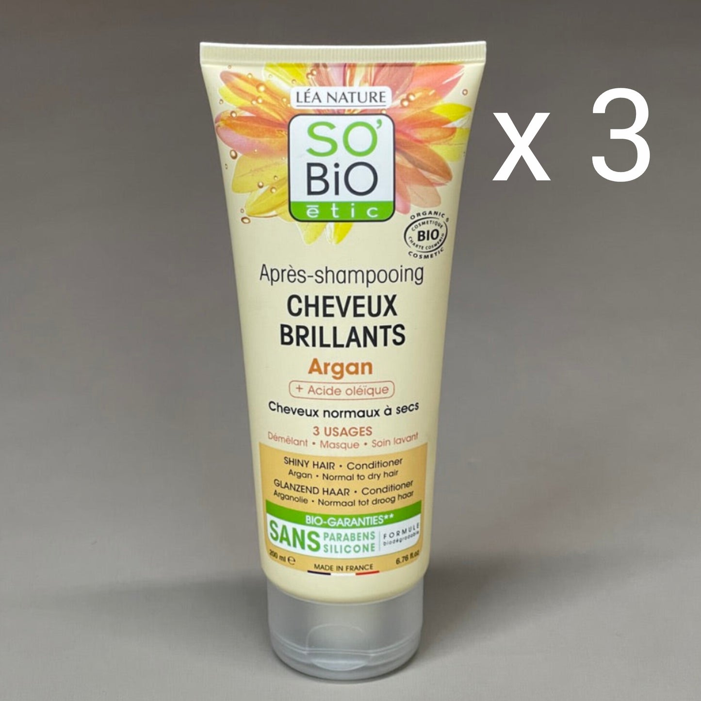 SO BIO ETIC (3-PACK) Apres Shampooing Cheveux Brilliants Argan Shiny Hair Conditioner 6.76 FL OZ (New)