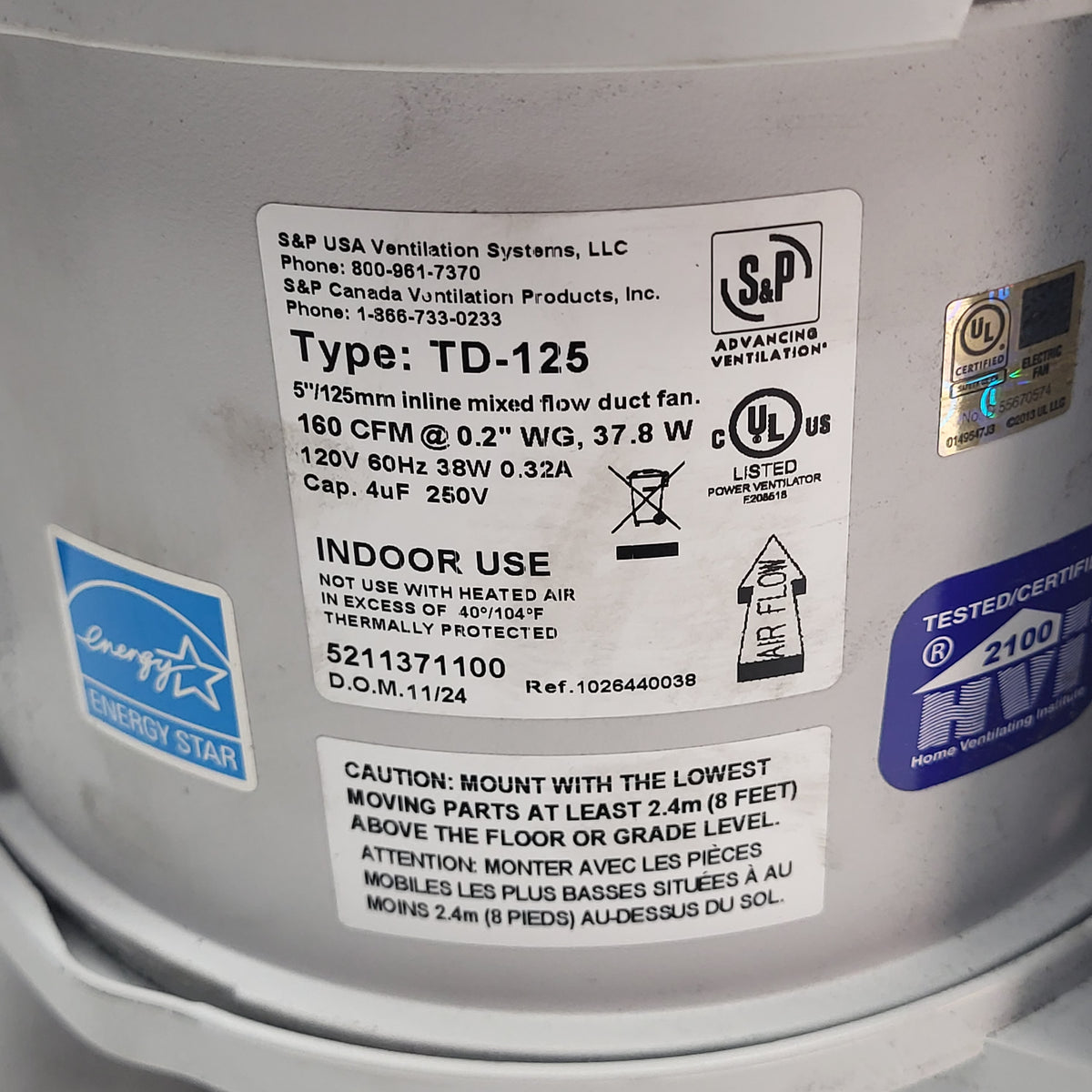 S&P 5-inch Inline Mixed Flow Duct Fan Low Noise Indoor White TD-125 (AS IS)